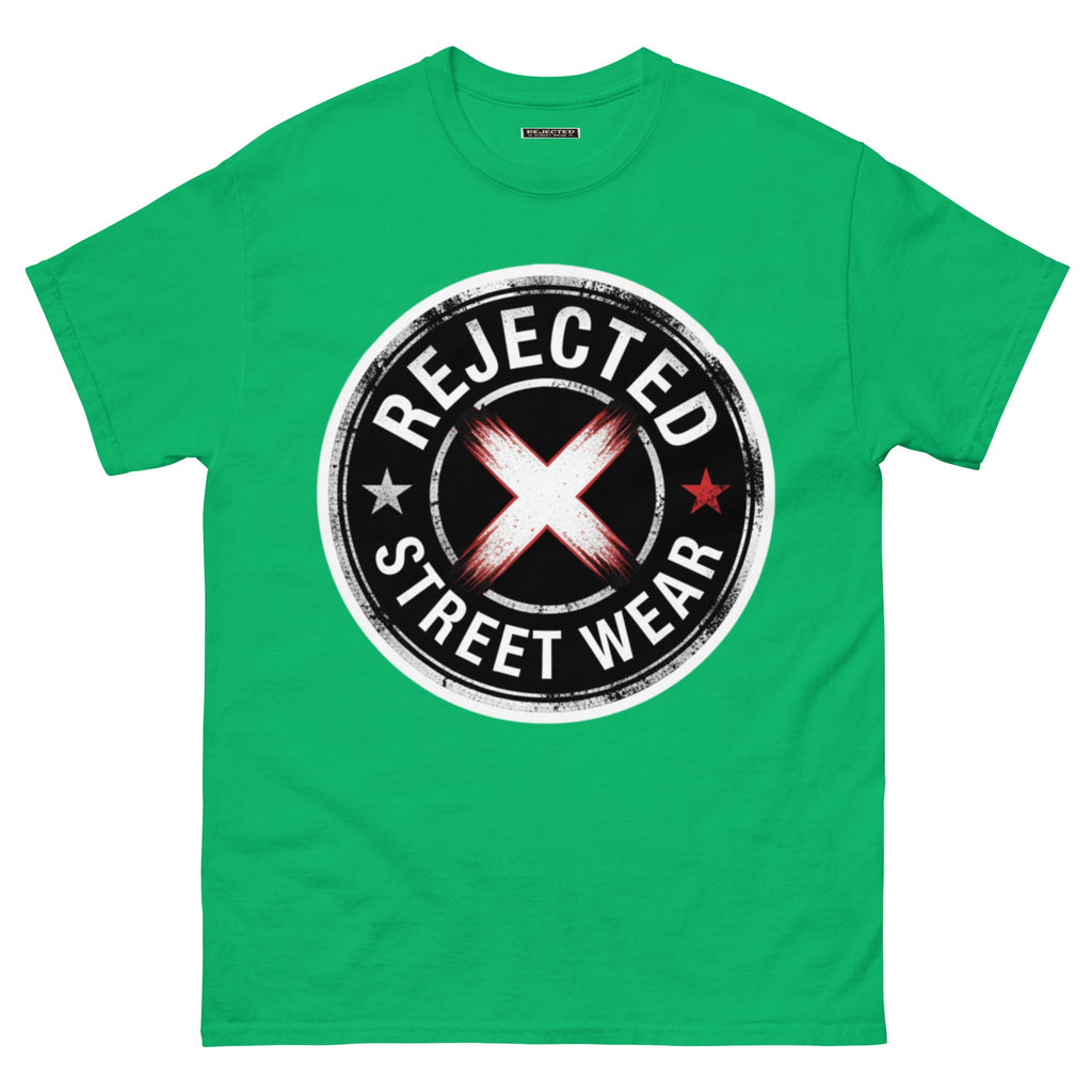 Rejected Street Wear barbed wire seal tee — distressed circular badge with REJECTED arched over a red and white brushed X
