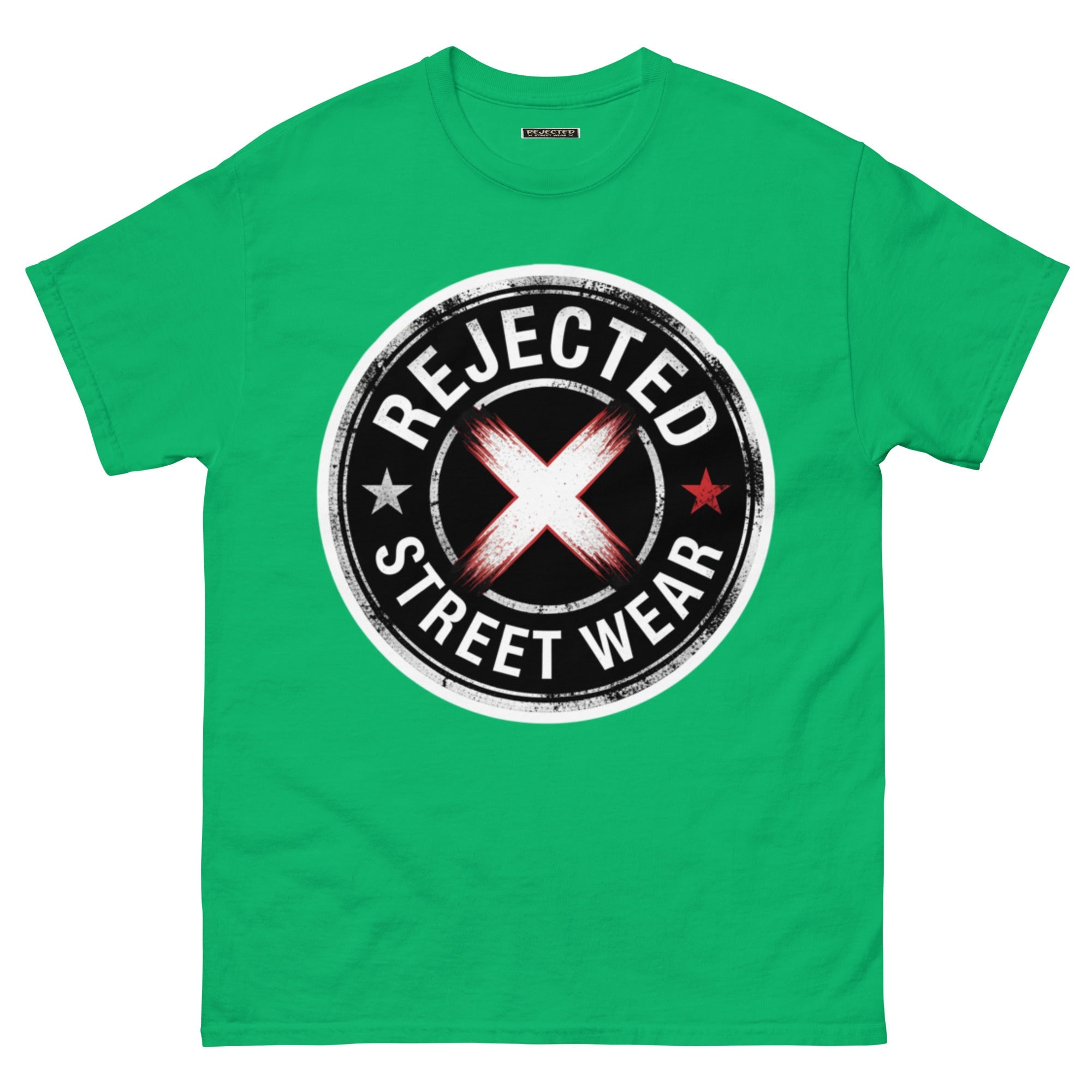 Rejected Street Wear barbed wire seal tee — distressed circular badge with REJECTED arched over a red and white brushed X