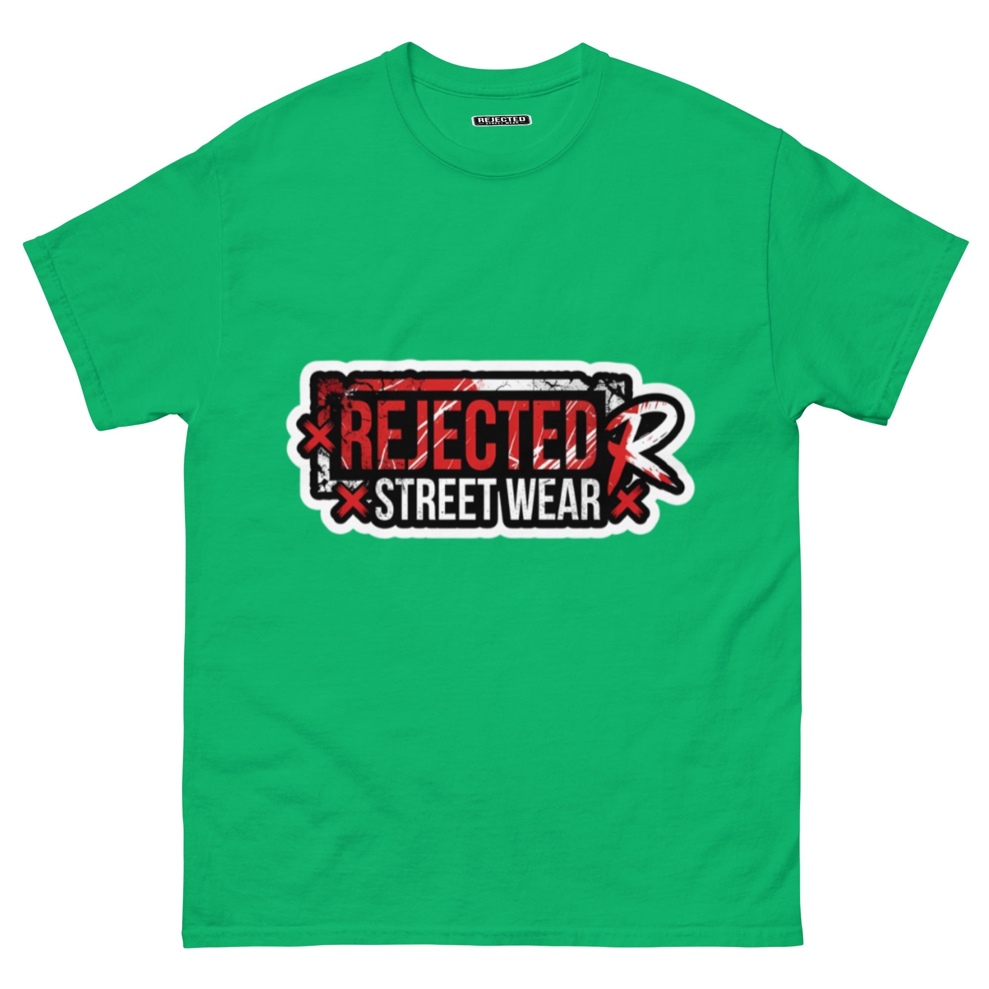Rejected Street Wear red box logo tee — red-framed REJECTED STREET WEAR stamp with corner x marks and a red slash