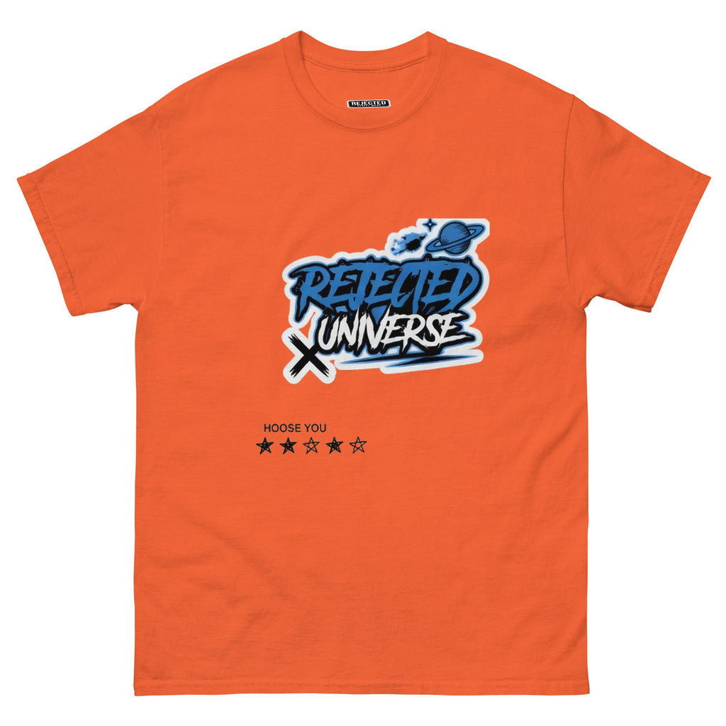 Rejected Universe logo tee in blue — graffiti tag with a planet and trailing stars