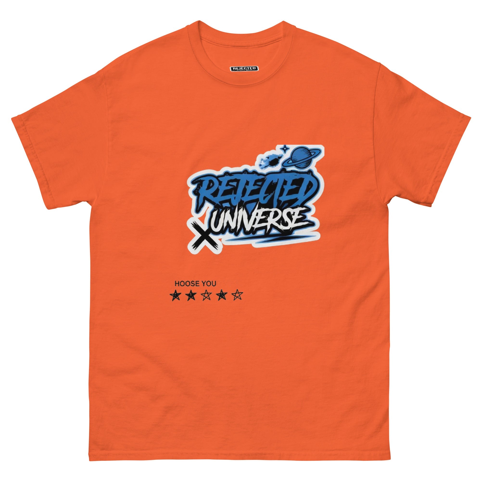 Rejected Universe logo tee in blue — graffiti tag with a planet and trailing stars