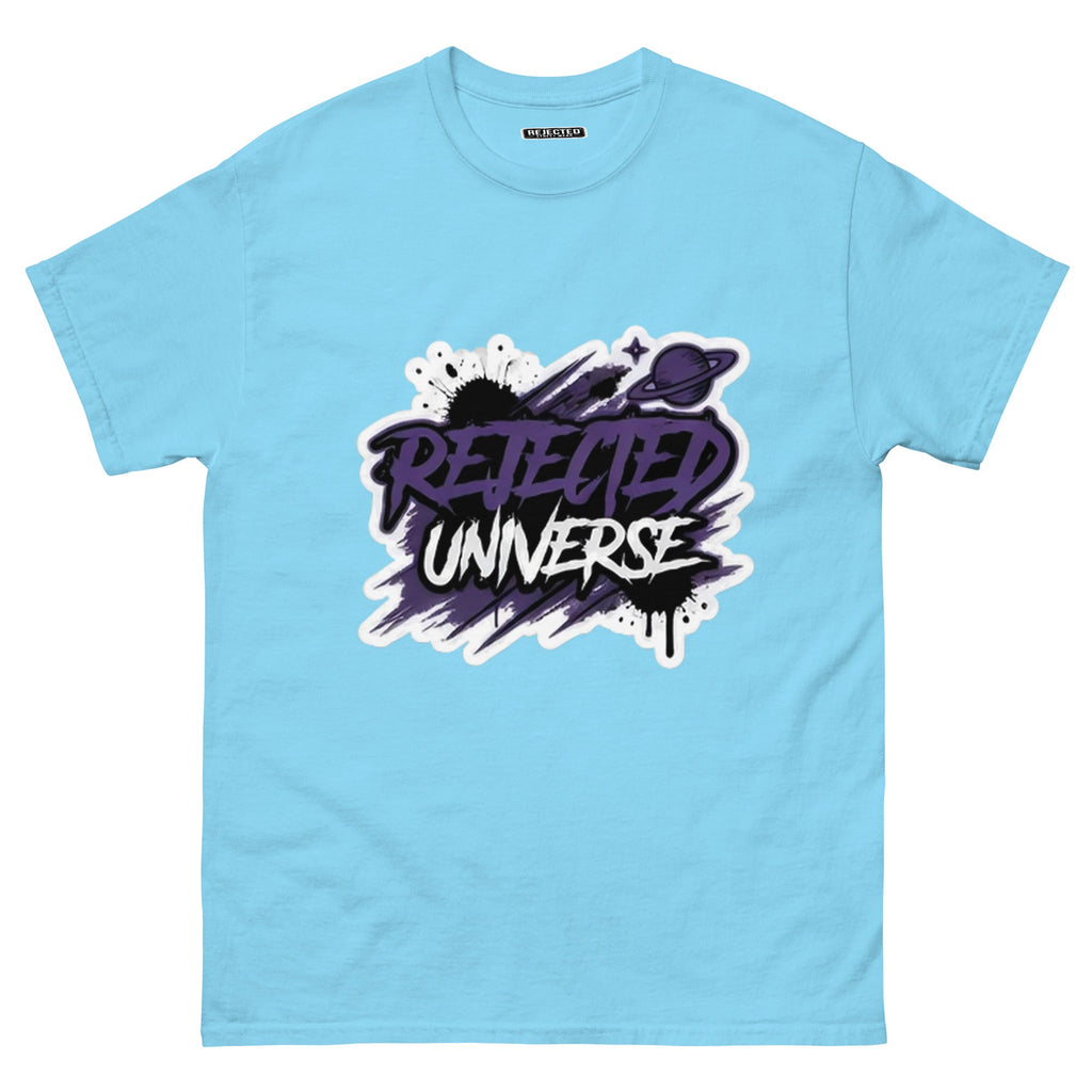 Rejected Universe logo tee in purple — leaning graffiti tag with an orbiting planet and spray splatter