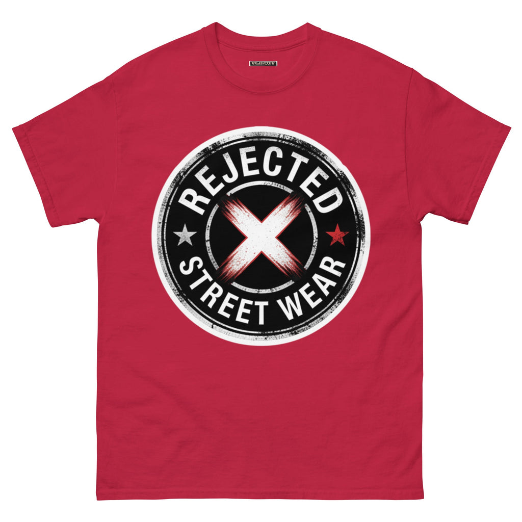 Rejected Street Wear barbed wire seal tee — distressed circular badge with REJECTED arched over a red and white brushed X
