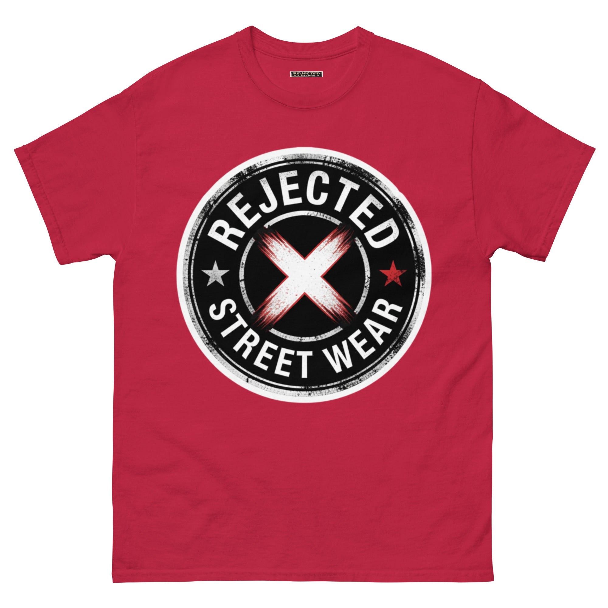 Rejected Street Wear barbed wire seal tee — distressed circular badge with REJECTED arched over a red and white brushed X