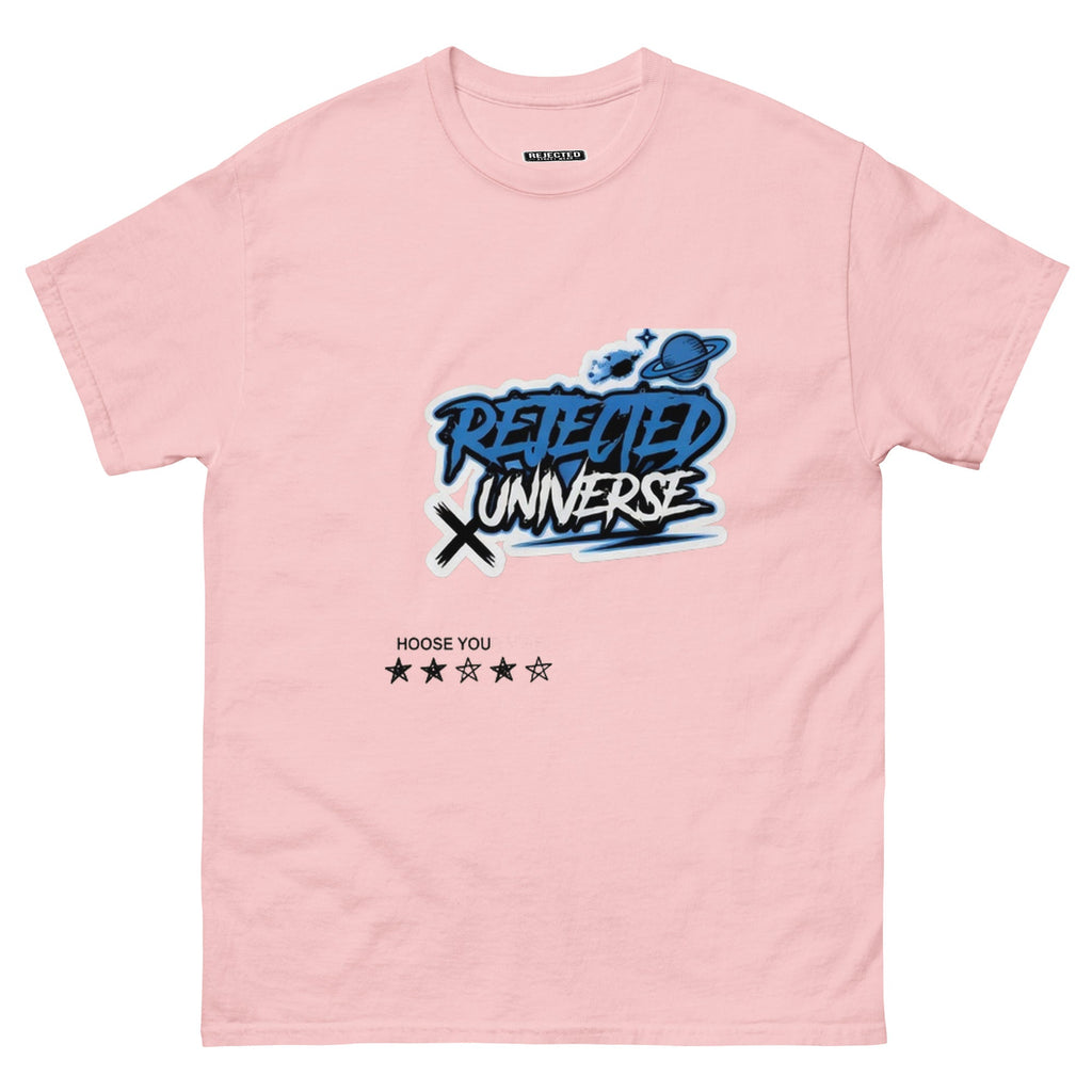 Rejected Universe logo tee in blue — graffiti tag with a planet and trailing stars