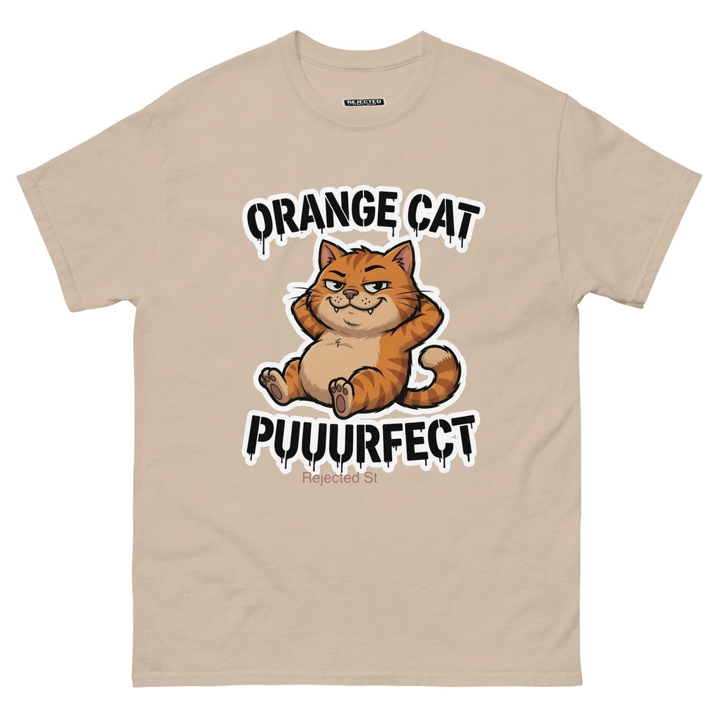 Orange Cat Puuurfect tee — chunky reclined orange tabby under arched drippy graffiti lettering