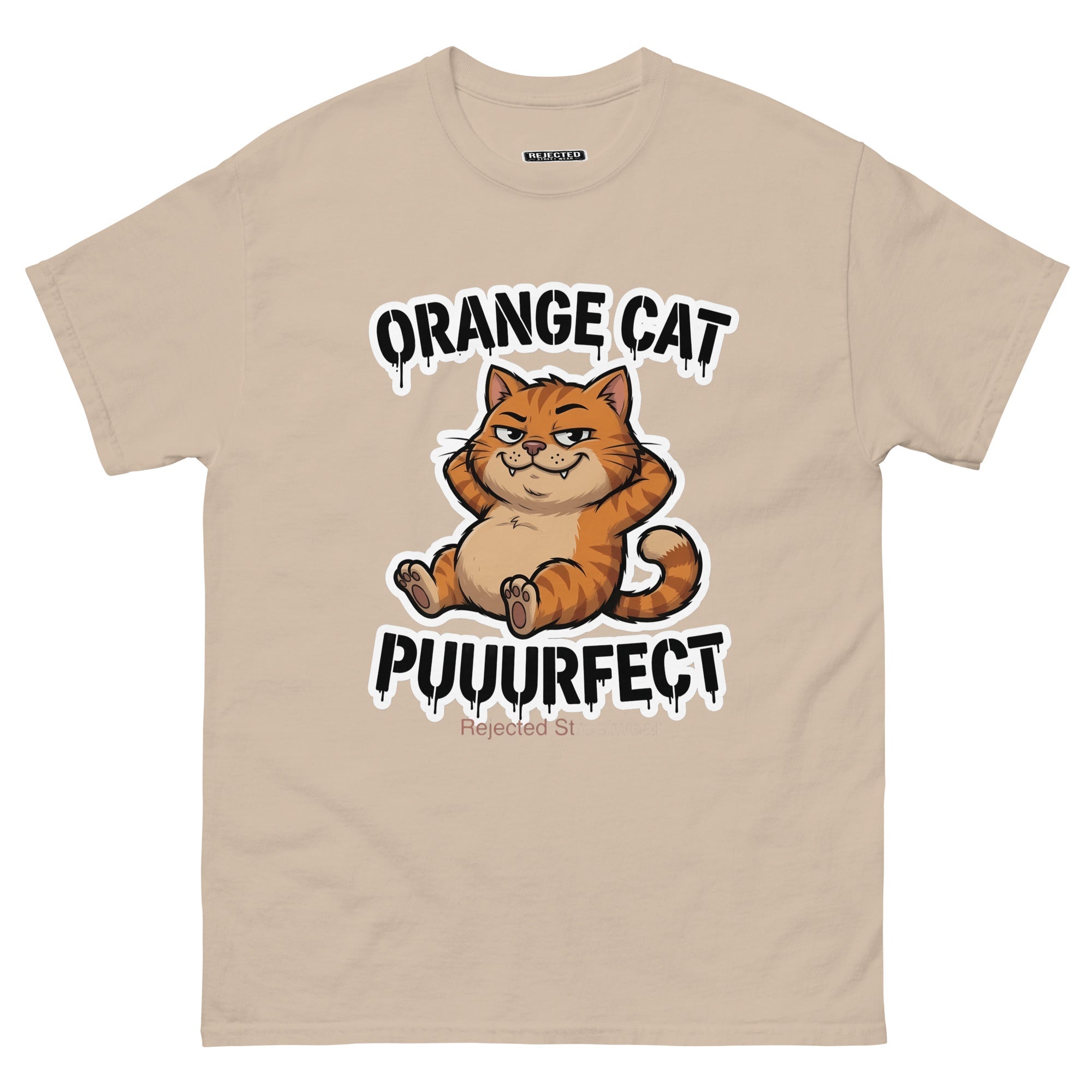 Orange Cat Puuurfect tee — chunky reclined orange tabby under arched drippy graffiti lettering