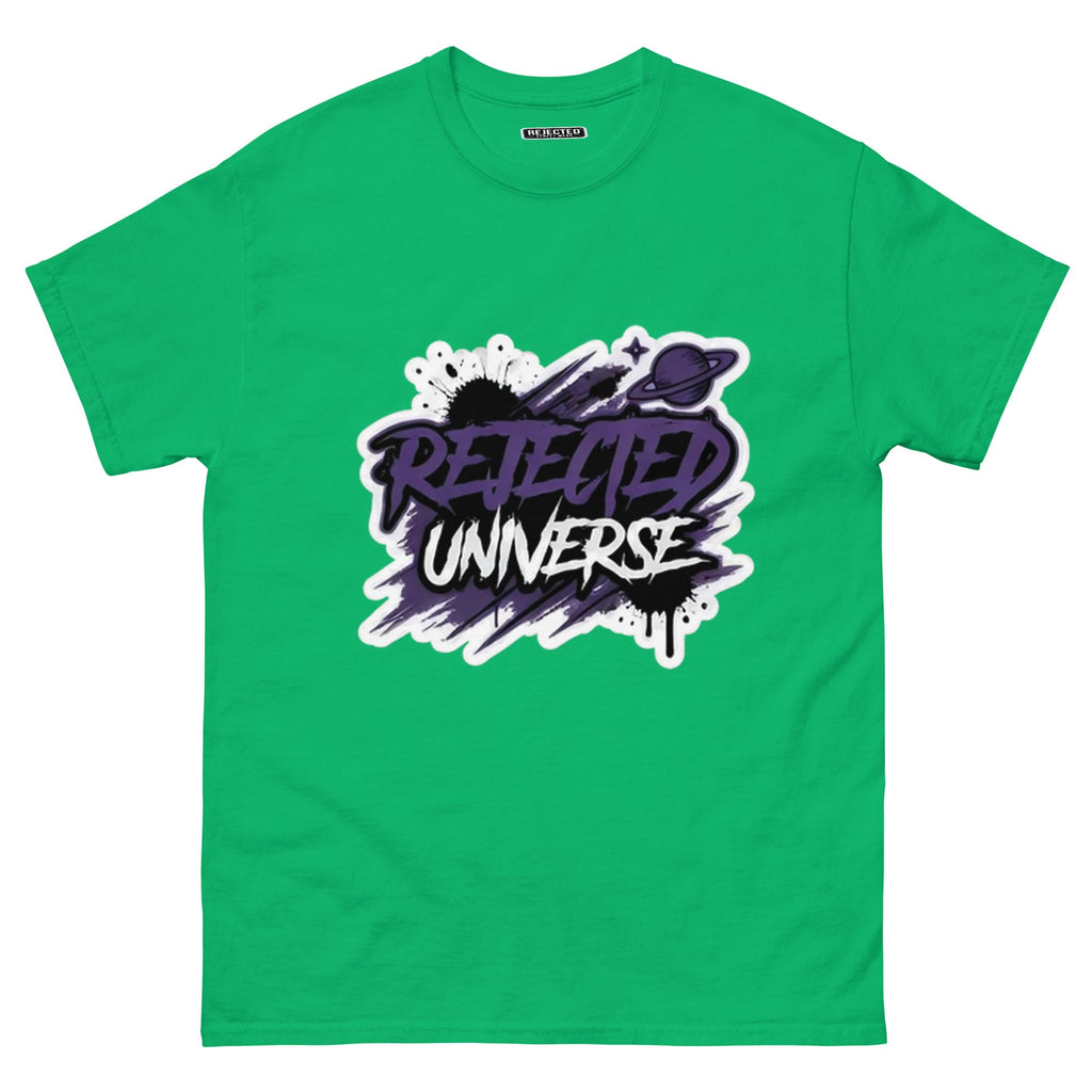 Rejected Universe logo tee in purple — leaning graffiti tag with an orbiting planet and spray splatter