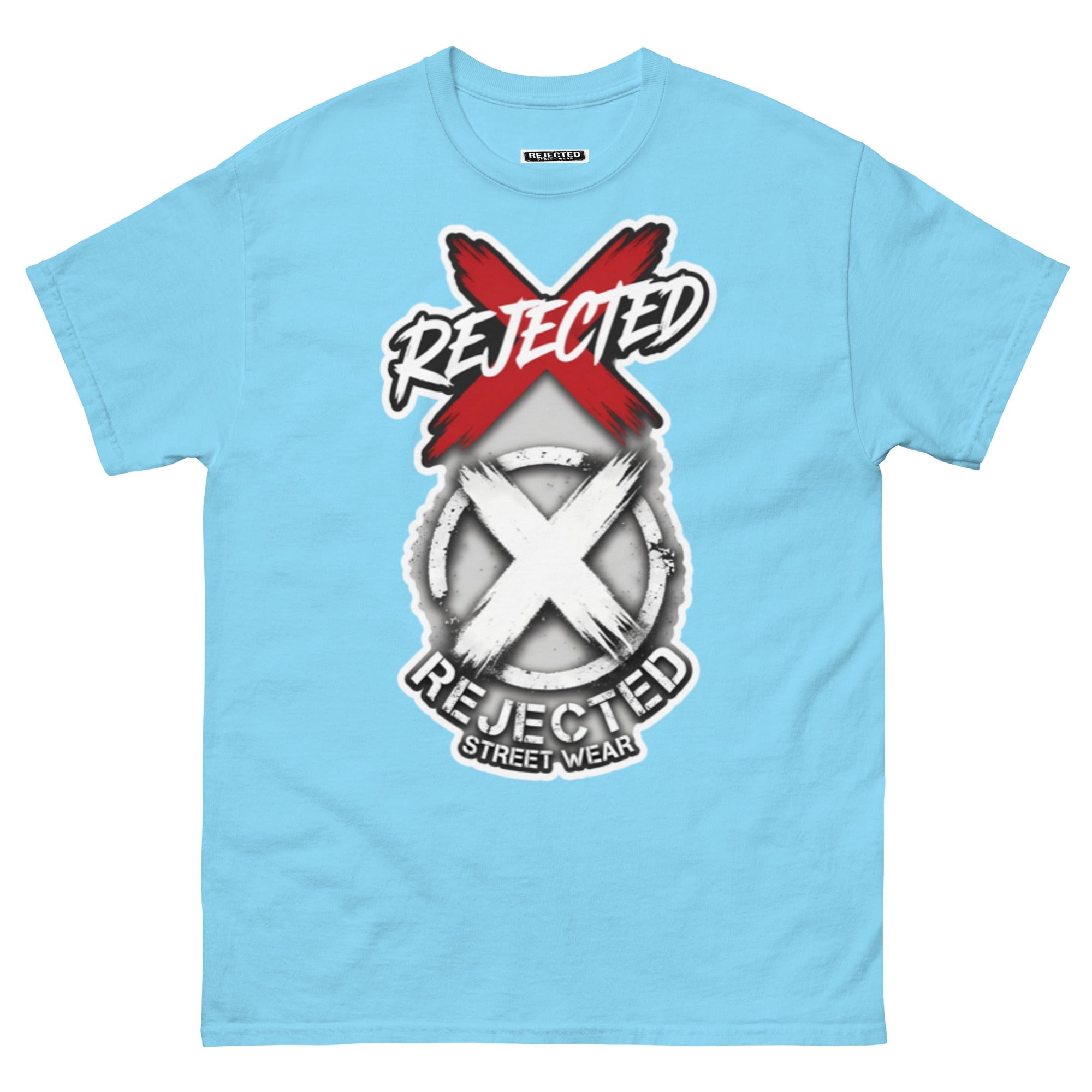 Reject Labels Be Human tee — REJECTED crossed out in red above the X emblem with the word Human underneath