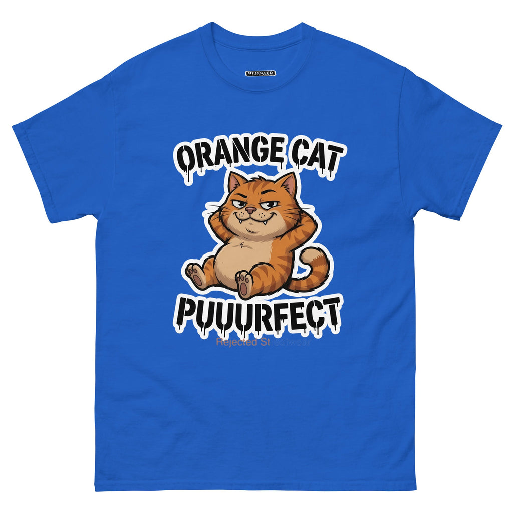 Orange Cat Puuurfect tee — chunky reclined orange tabby under arched drippy graffiti lettering