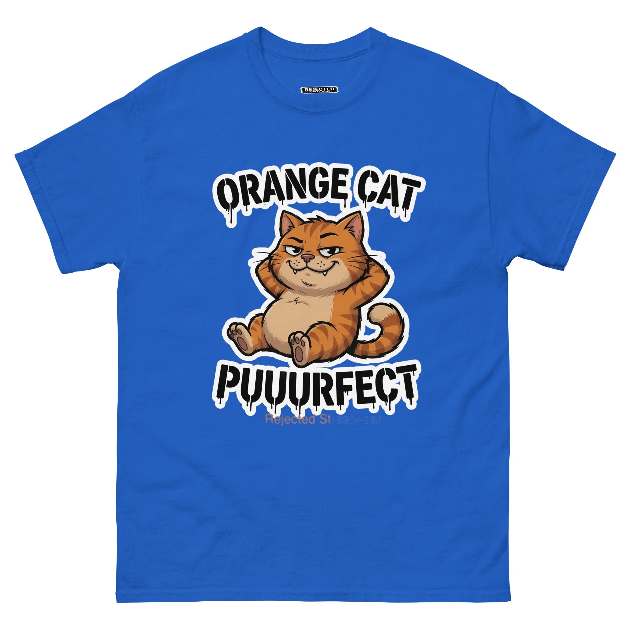 Orange Cat Puuurfect tee — chunky reclined orange tabby under arched drippy graffiti lettering