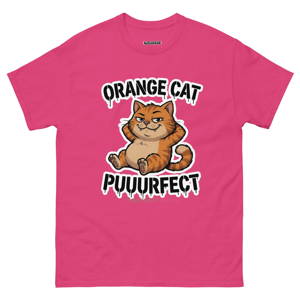 Orange Cat Puuurfect tee — chunky reclined orange tabby under arched drippy graffiti lettering