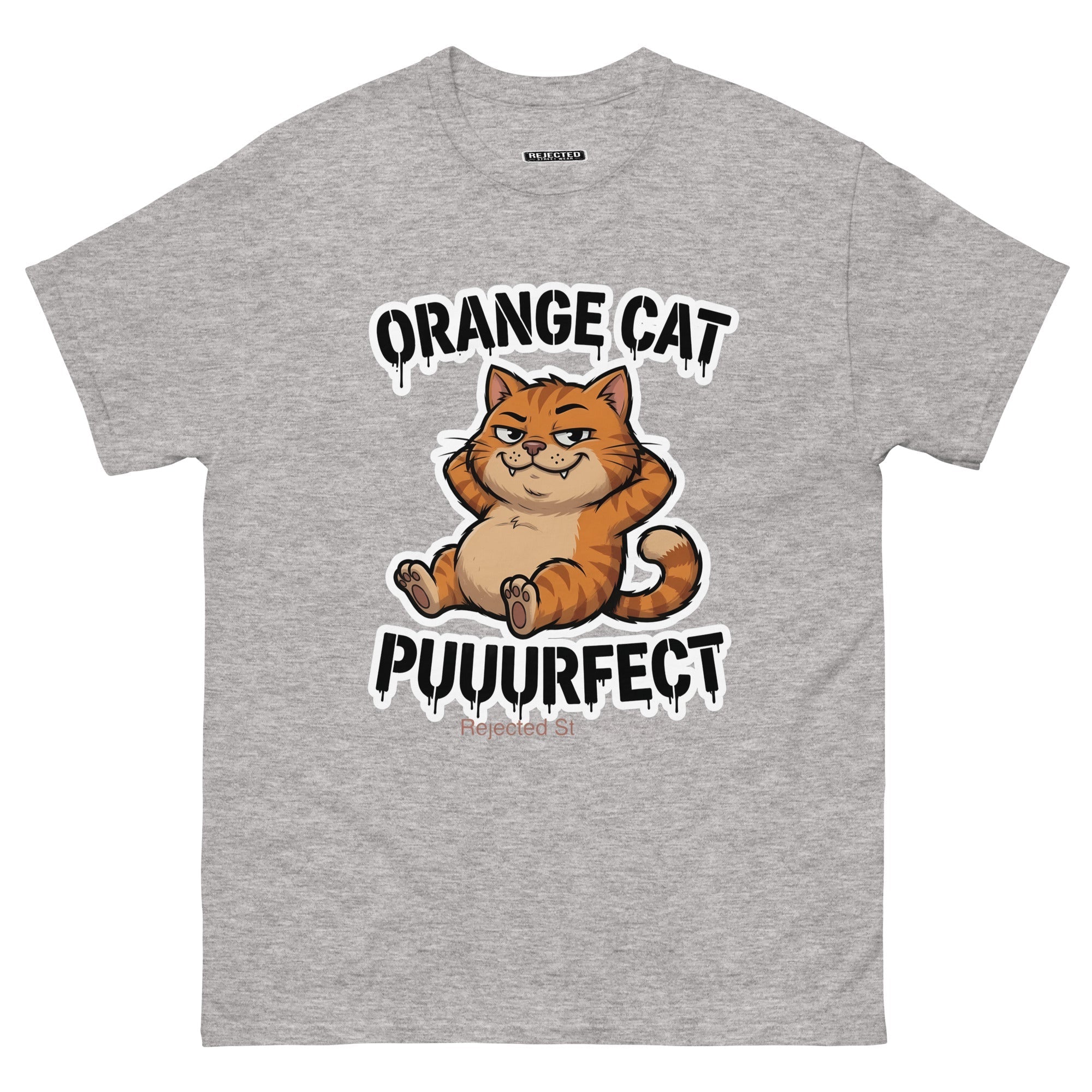 Orange Cat Puuurfect tee — chunky reclined orange tabby under arched drippy graffiti lettering