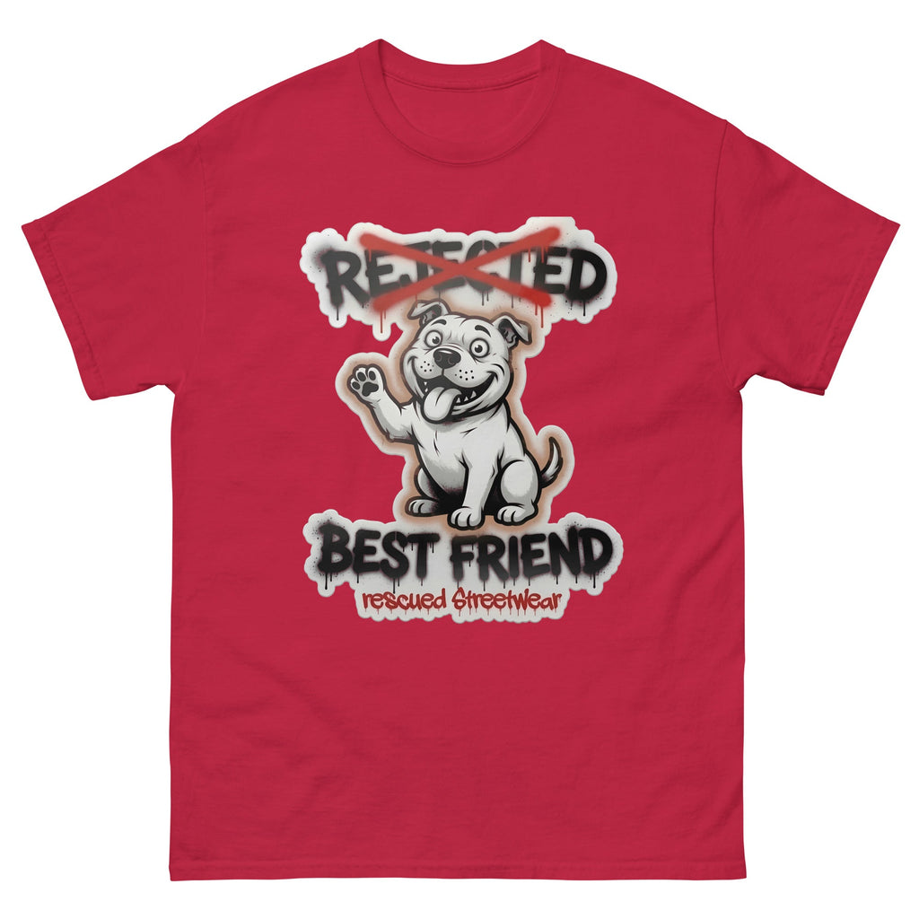 Best Friend pit bull tee — white bully pup waving a paw with REJECTED crossed out in red and BEST FRIEND sprayed below