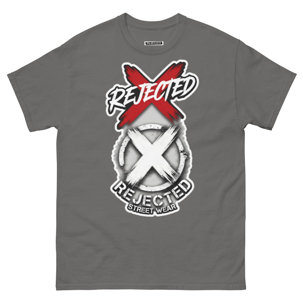 Reject Labels Be Human tee — REJECTED crossed out in red above the X emblem with the word Human underneath