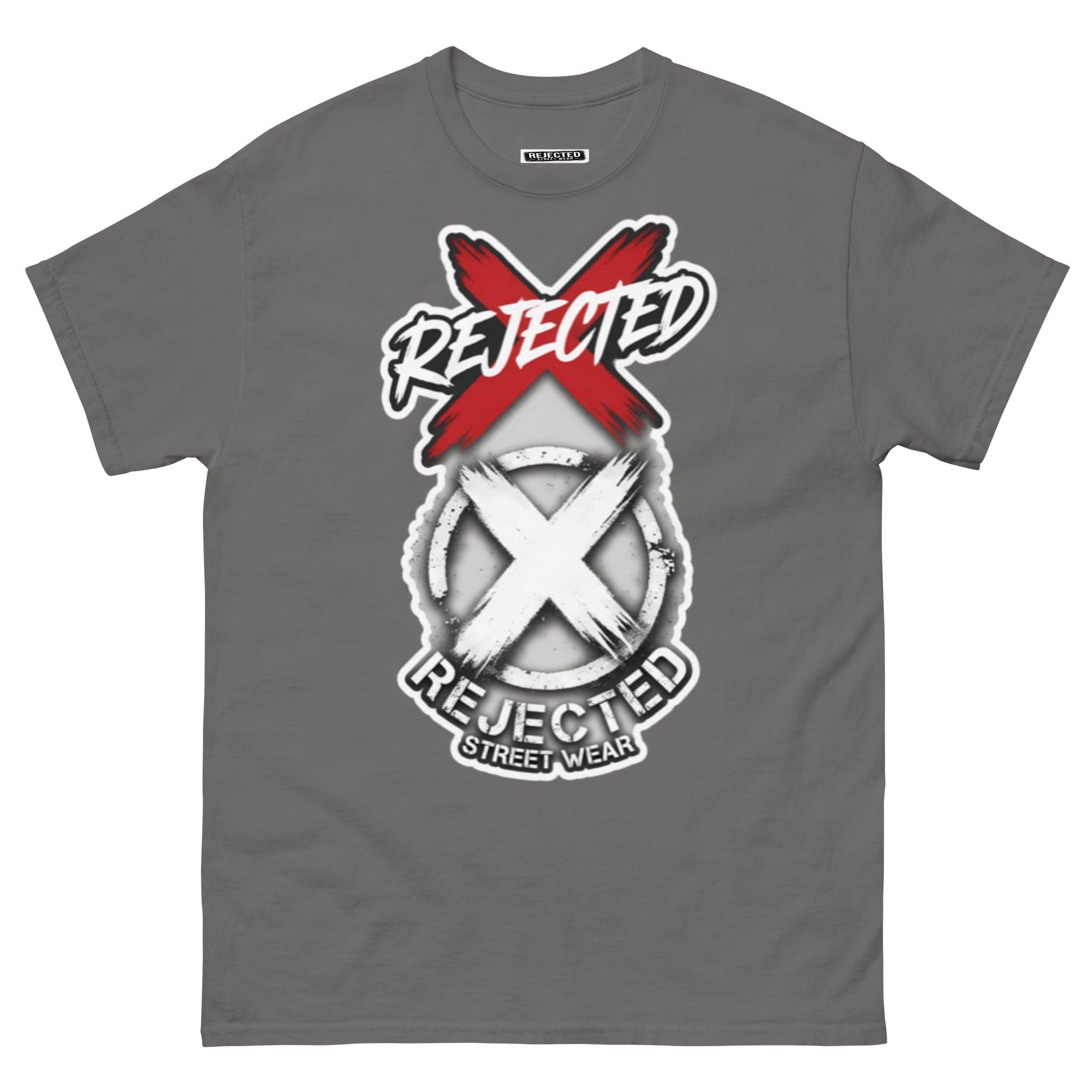 Reject Labels Be Human tee — REJECTED crossed out in red above the X emblem with the word Human underneath