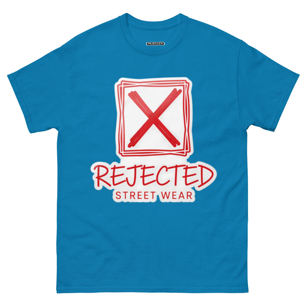 Rejected Street Wear box logo tee — hand-drawn red frame with a brushed X and REJECTED STREET WEAR in red beneath