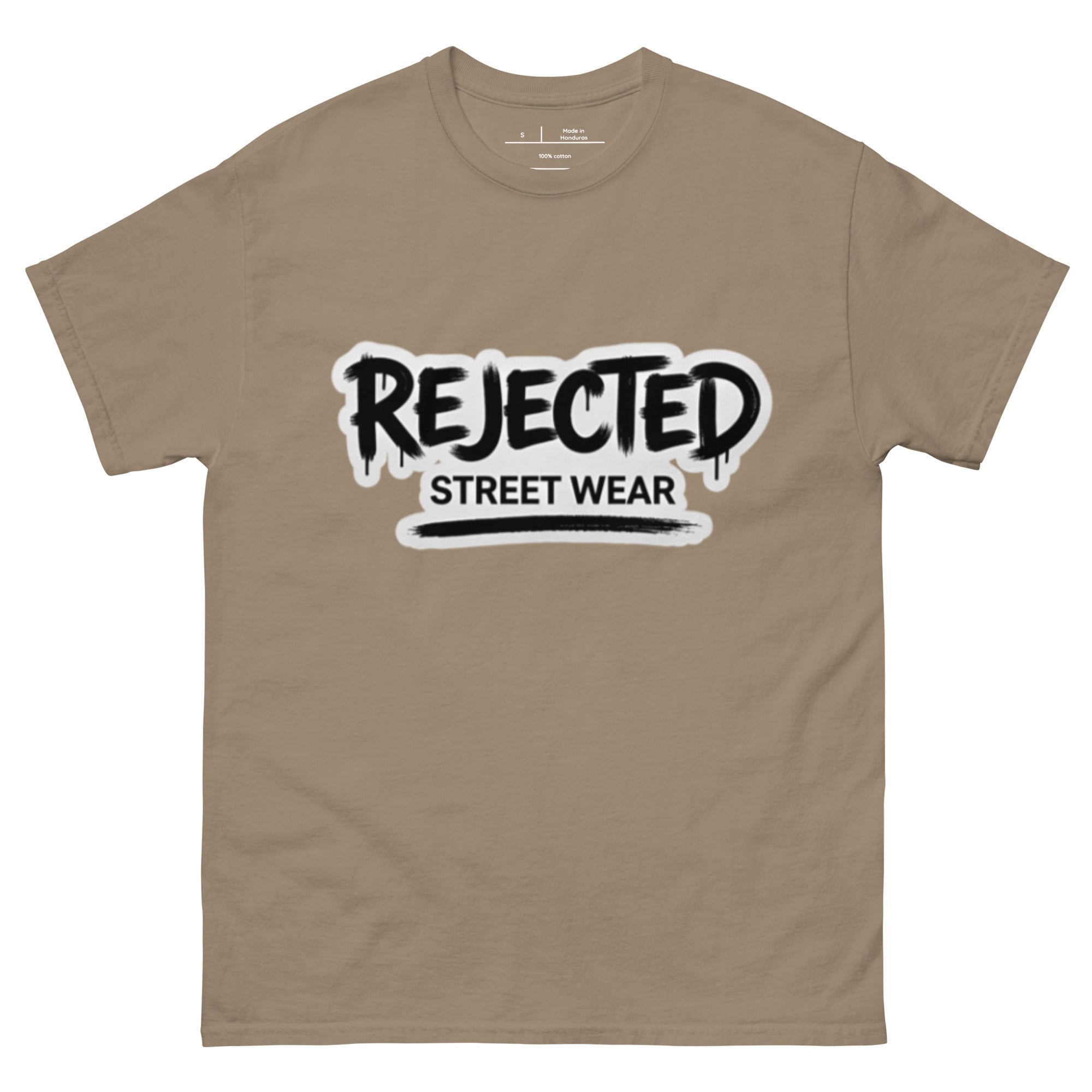 Rejected Street Wear graffiti logo tee — REJECTED in dripping spray-paint script over underlined STREET WEAR