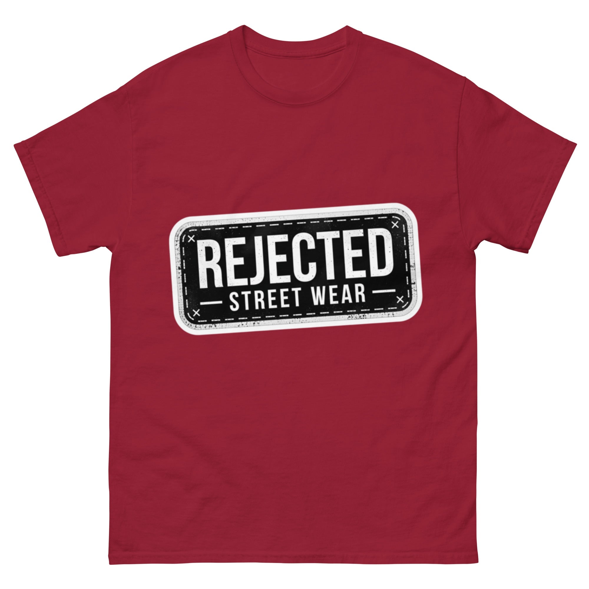 Rejected Street Wear plate logo tee — stamped black plate with a dashed border, corner x marks and REJECTED STREET WEAR inside