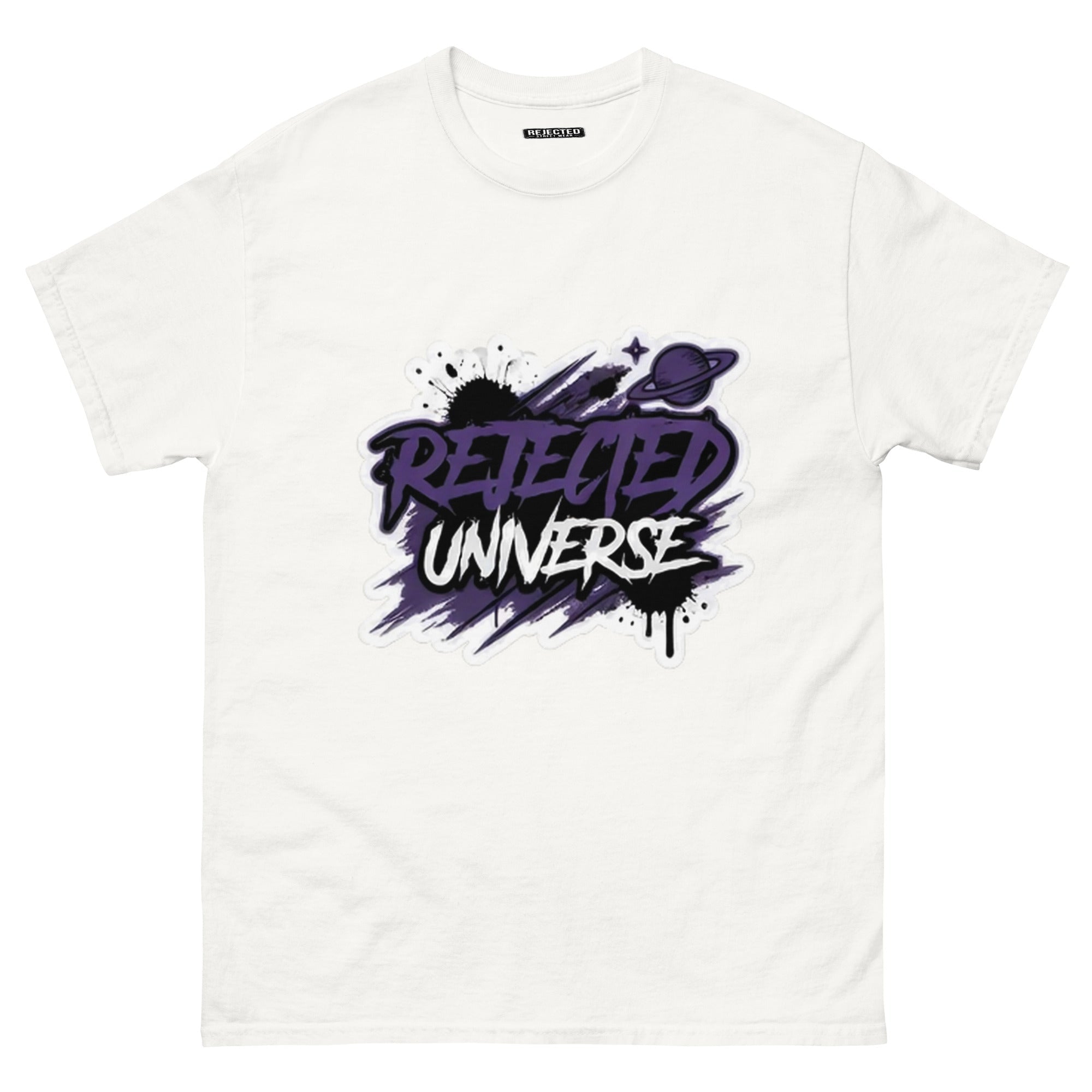 Rejected Universe logo tee in purple — leaning graffiti tag with an orbiting planet and spray splatter