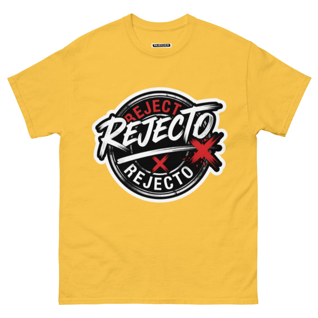 Rejected Street Wear emblem tee — black circle badge with white brush script and a red X slash