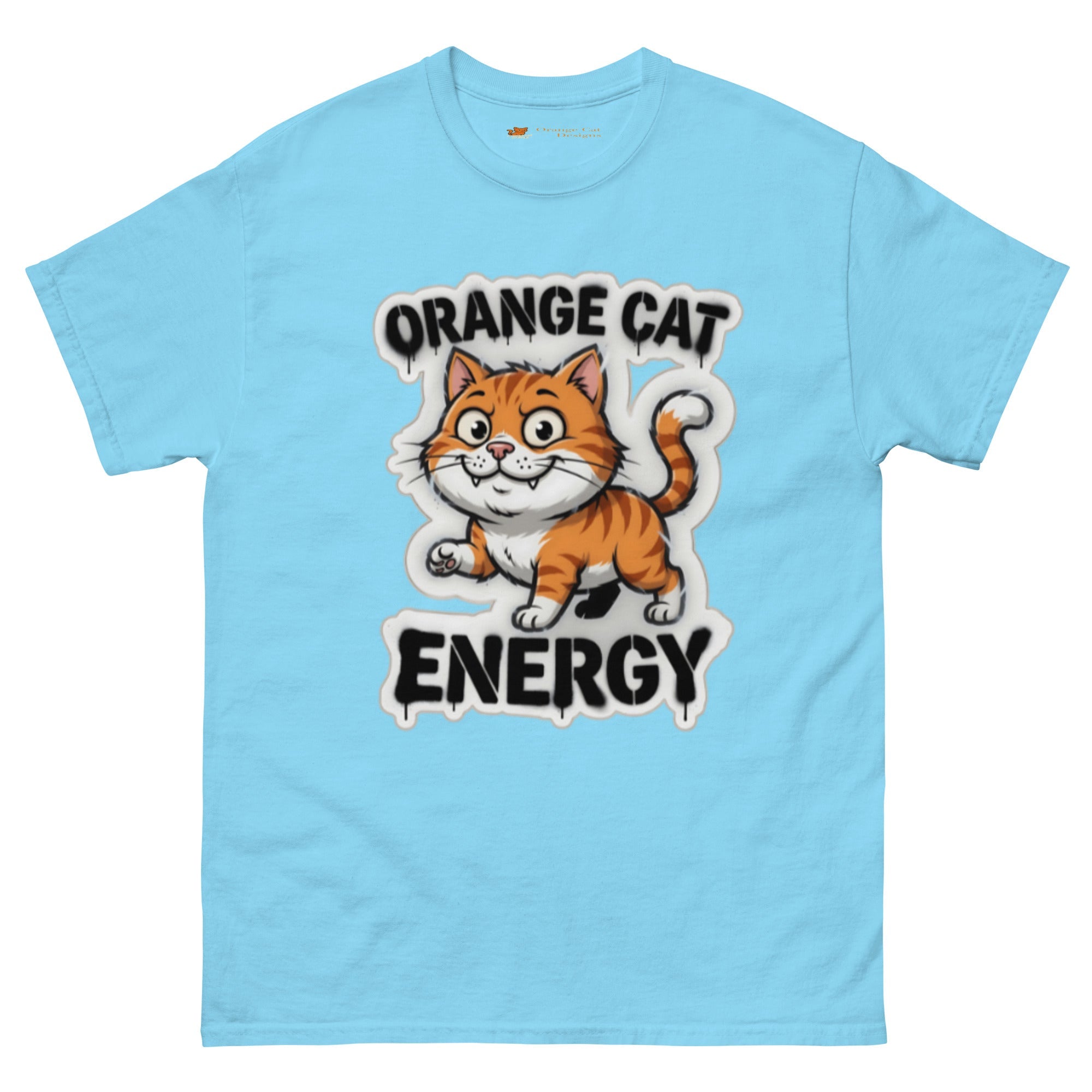 Orange Cat Energy tee — wide-eyed orange tabby mid-launch under drippy graffiti lettering