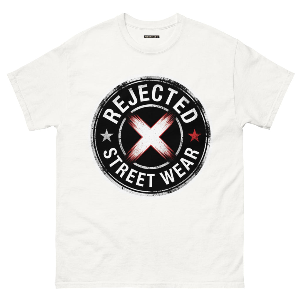 Rejected Street Wear barbed wire seal tee — distressed circular badge with REJECTED arched over a red and white brushed X