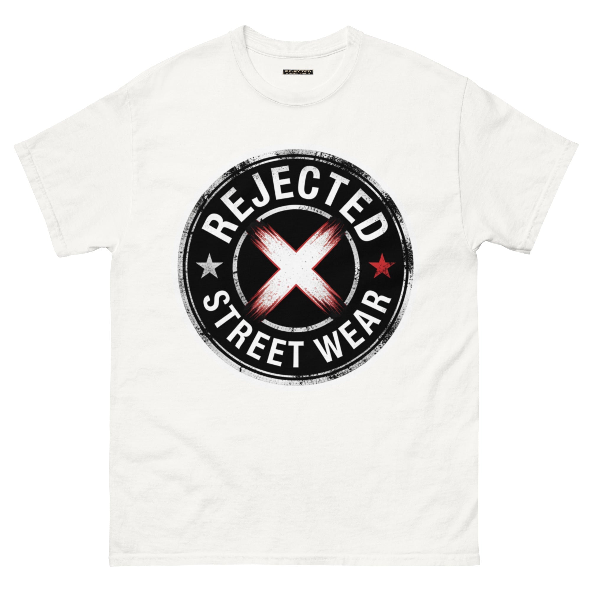Rejected Street Wear barbed wire seal tee — distressed circular badge with REJECTED arched over a red and white brushed X