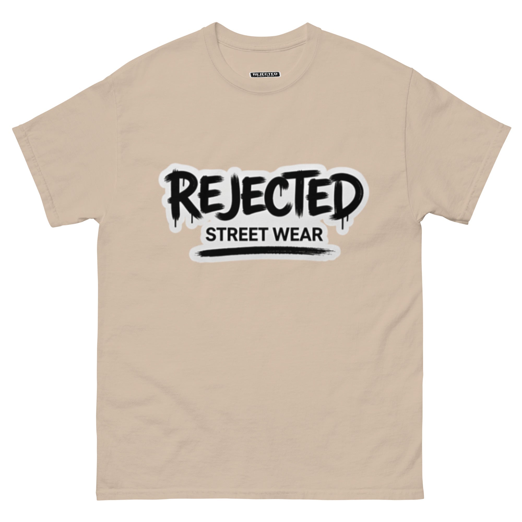 Rejected Street Wear graffiti logo tee — REJECTED in dripping spray-paint script over underlined STREET WEAR