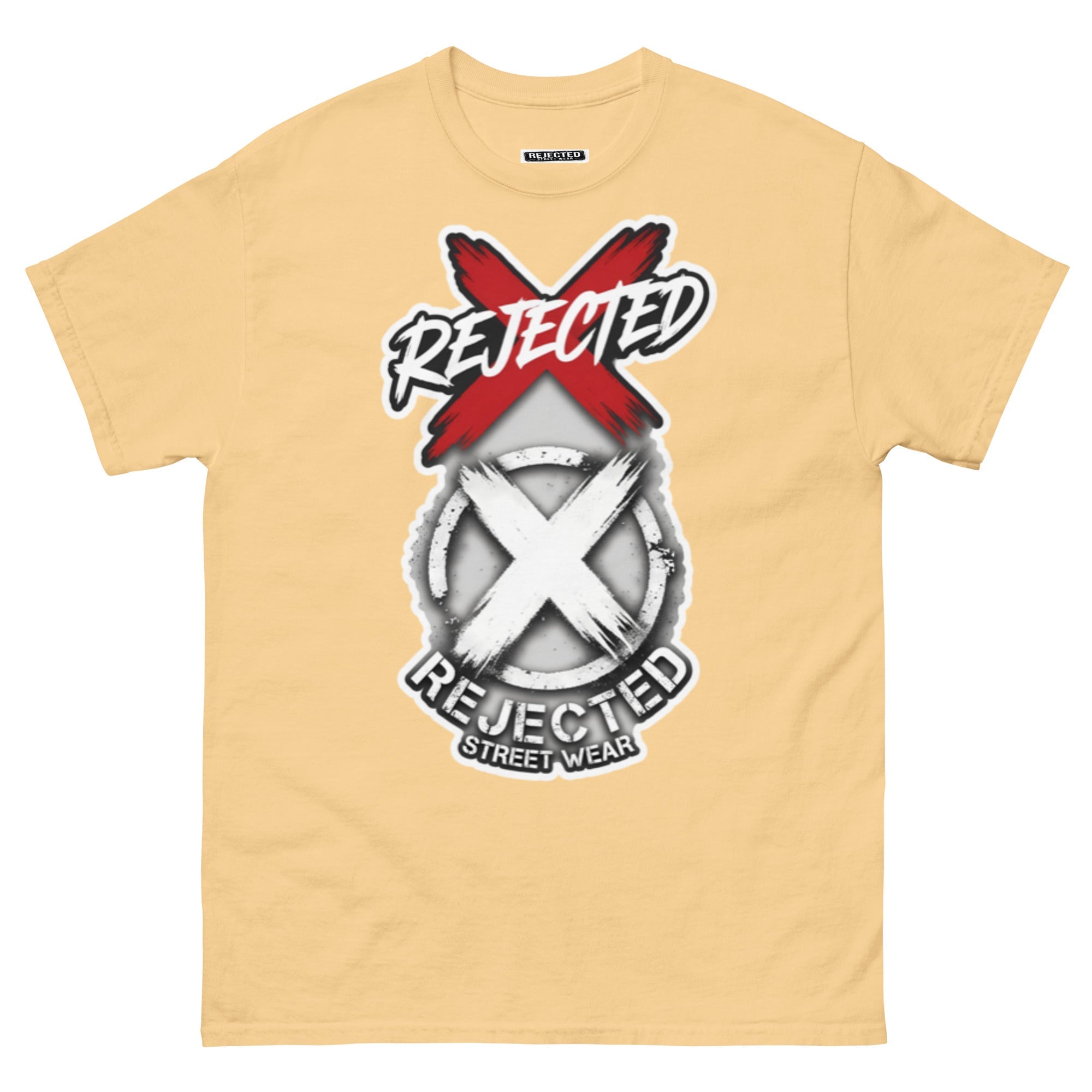 Reject Labels Be Human tee — REJECTED crossed out in red above the X emblem with the word Human underneath