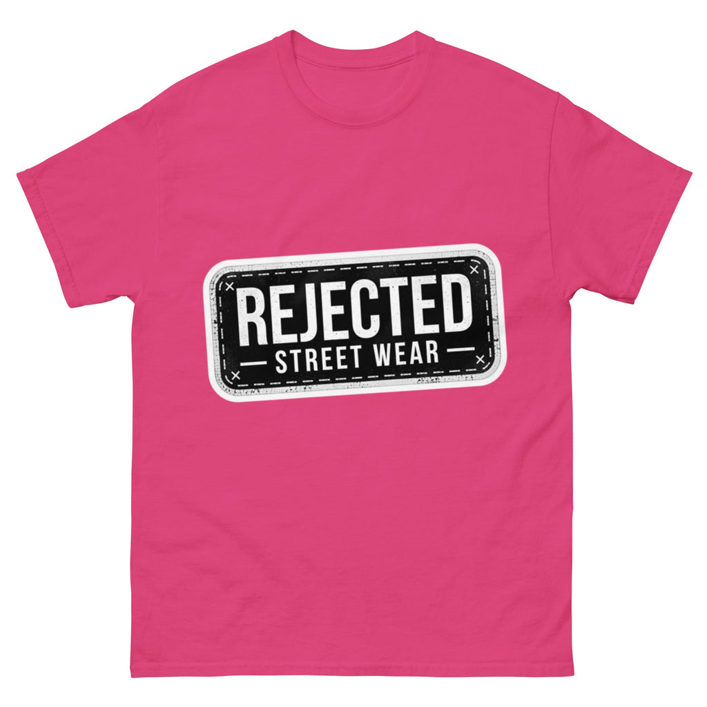 Rejected Street Wear plate logo tee — stamped black plate with a dashed border, corner x marks and REJECTED STREET WEAR inside