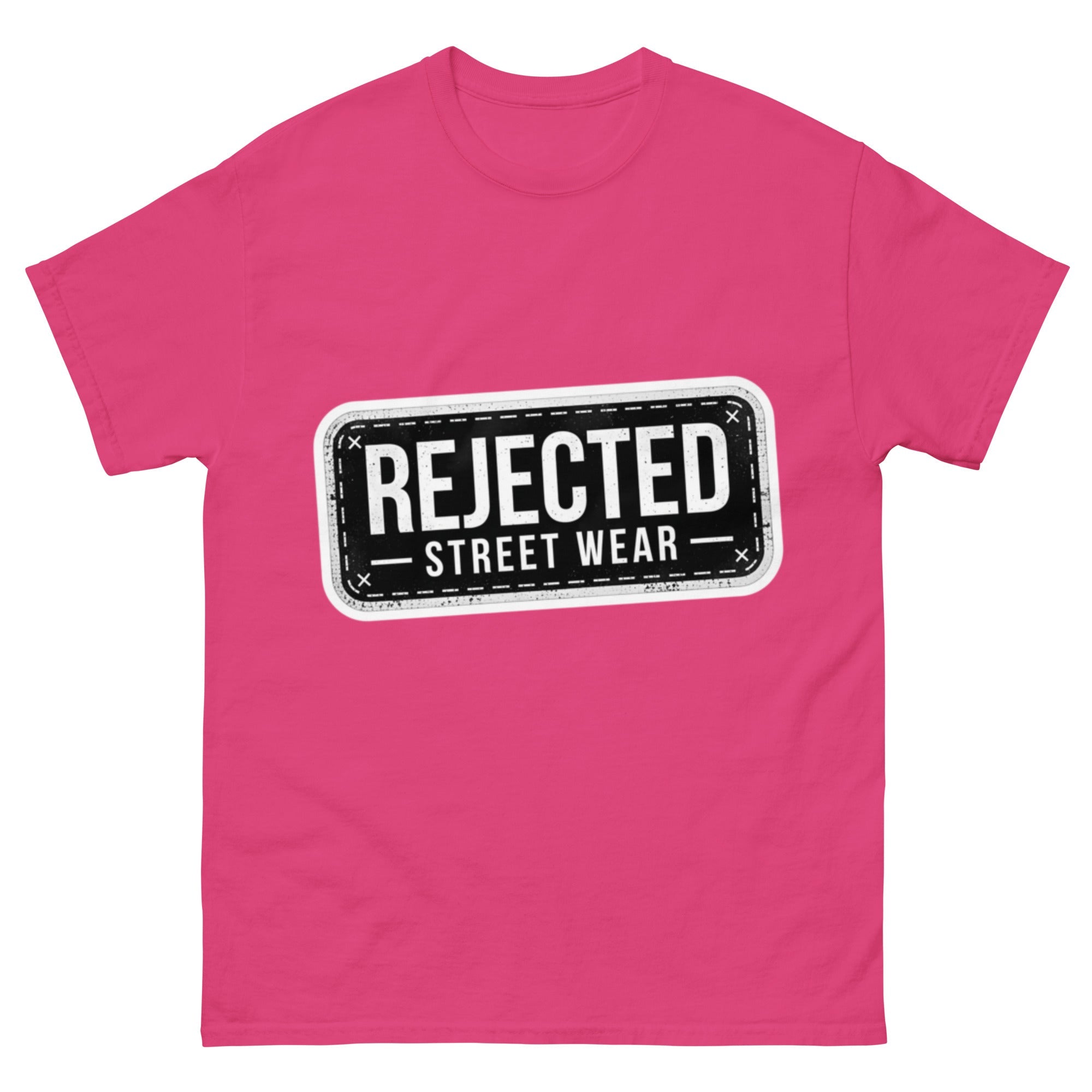 Rejected Street Wear plate logo tee — stamped black plate with a dashed border, corner x marks and REJECTED STREET WEAR inside