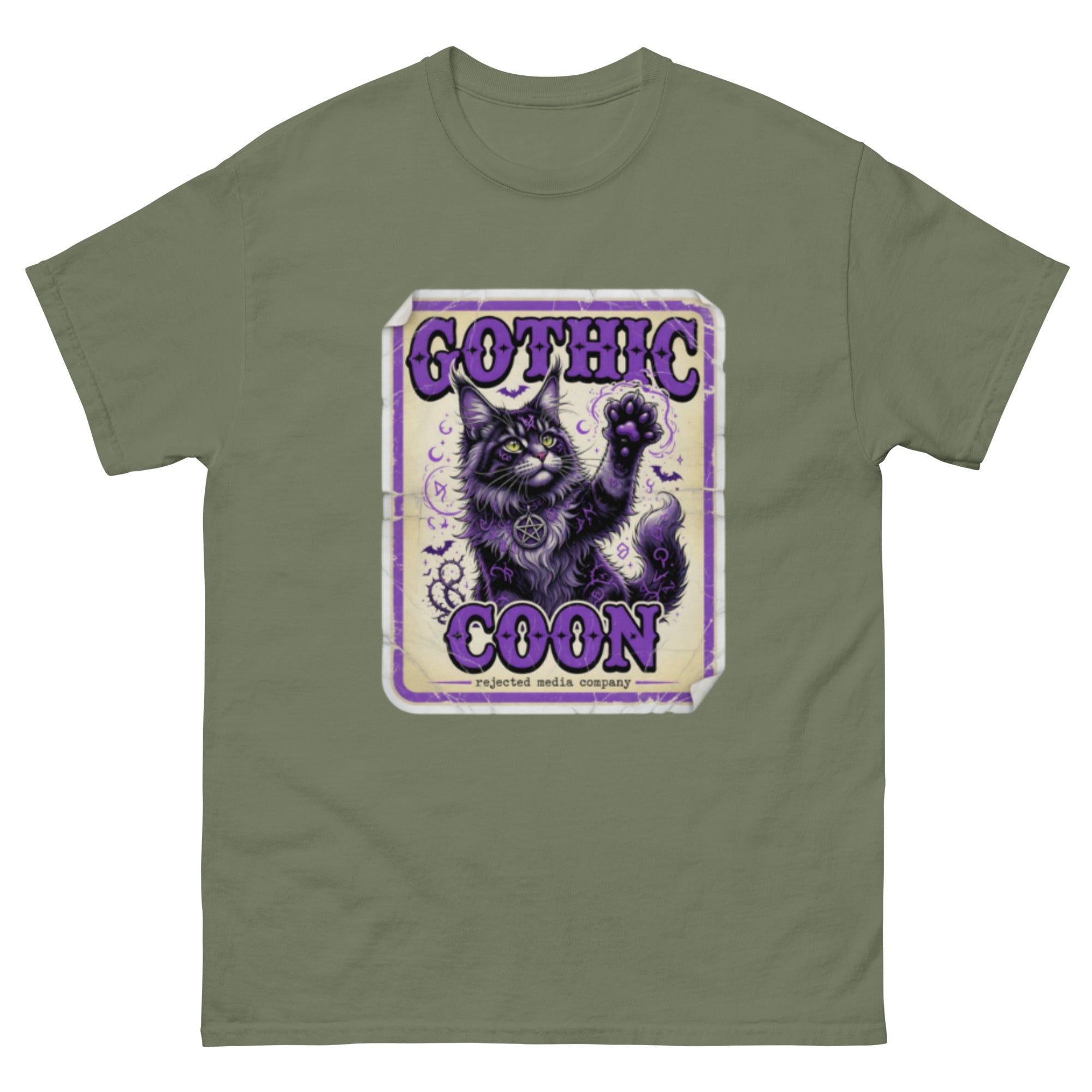 Gothic Coon tee — purple and black Maine Coon cat with a pentacle collar and one paw raised, vintage poster frame
