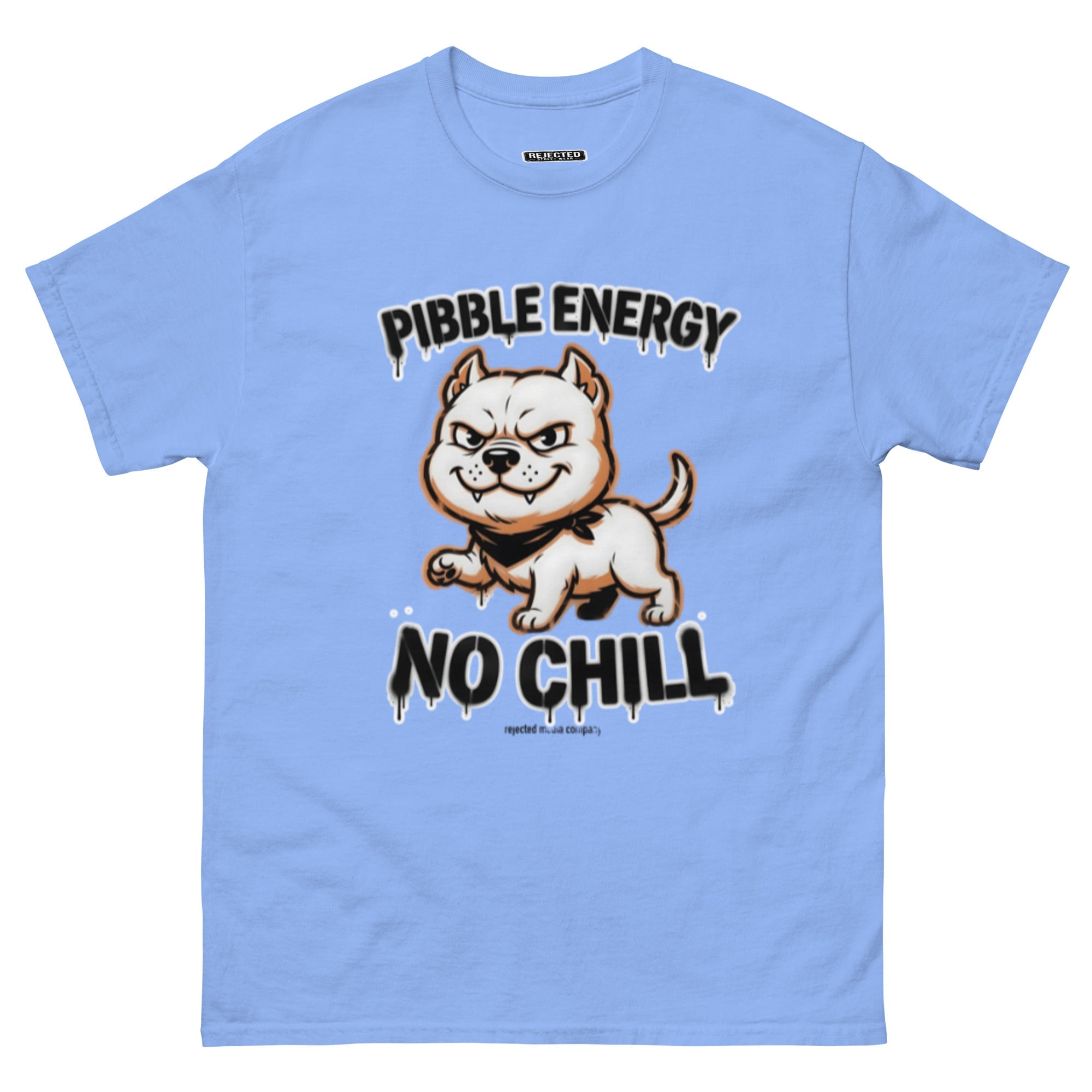 Pibble Energy No Chill tee — grinning bully pup at a dead sprint under graffiti lettering