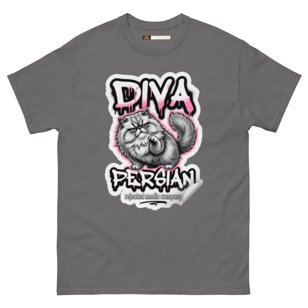 Diva Persian cat tee — fluffed-out Persian cat with an unimpressed face under pink graffiti drip lettering
