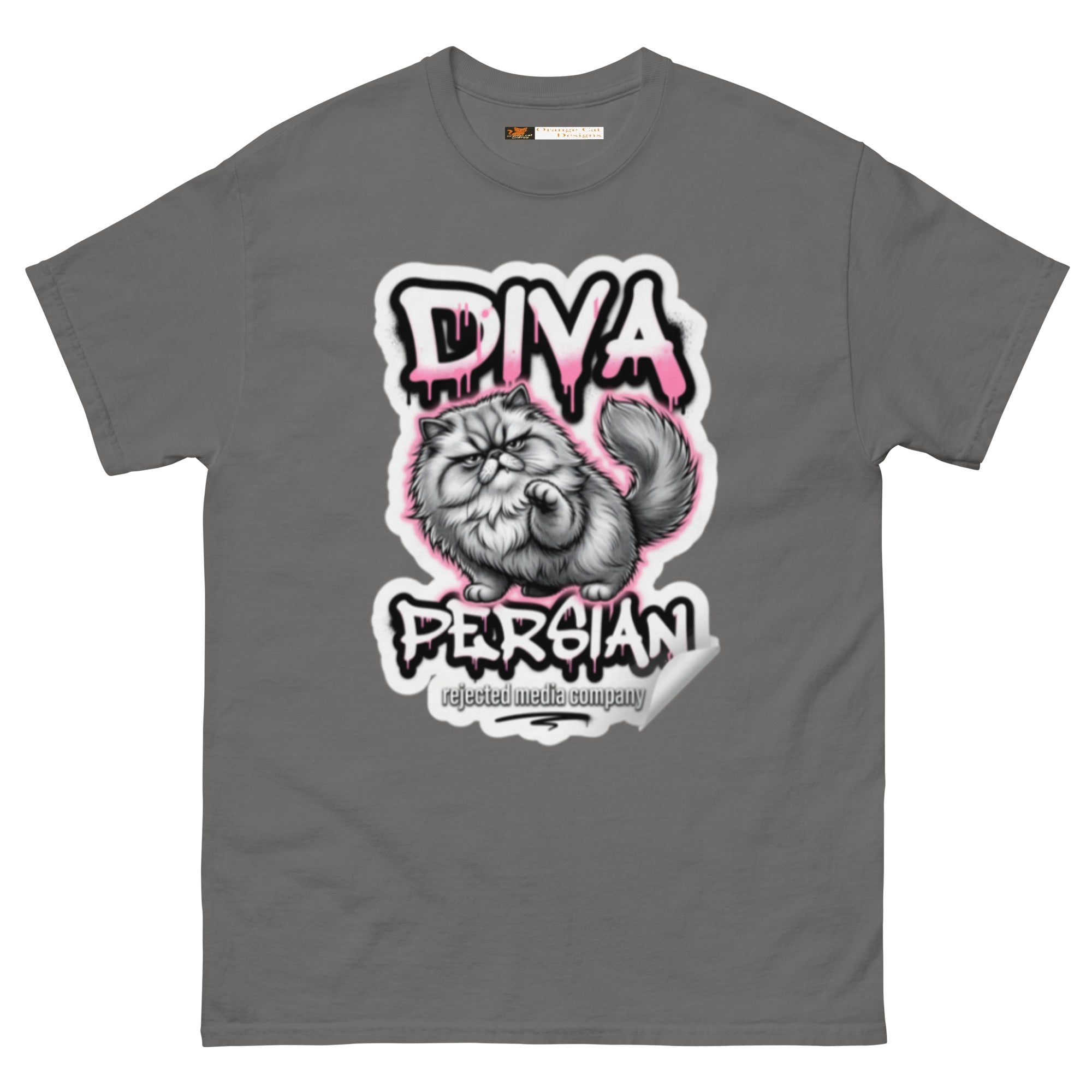 Diva Persian cat tee — fluffed-out Persian cat with an unimpressed face under pink graffiti drip lettering