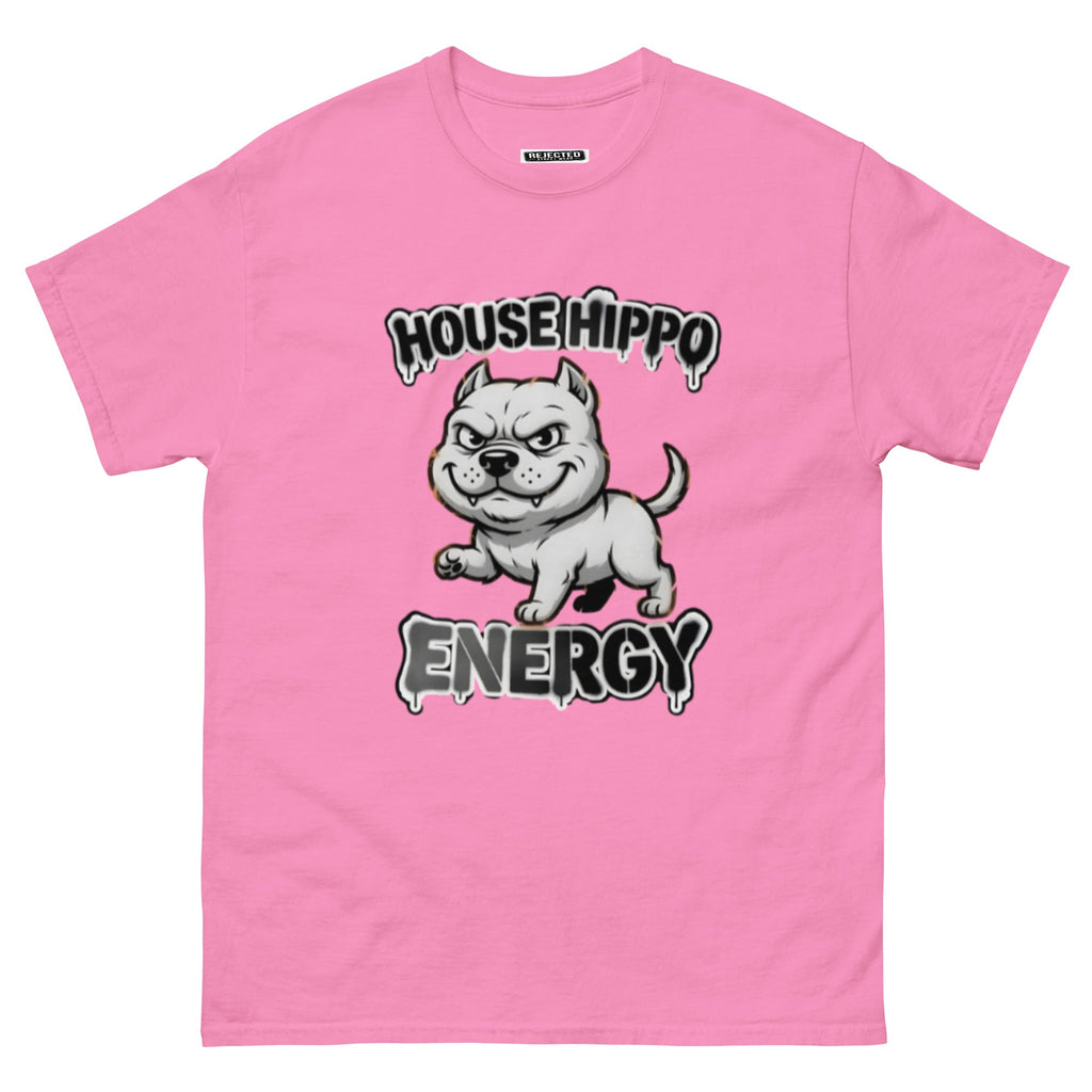 House Hippo Energy tee — stocky bully dog mid-stomp under drippy graffiti lettering