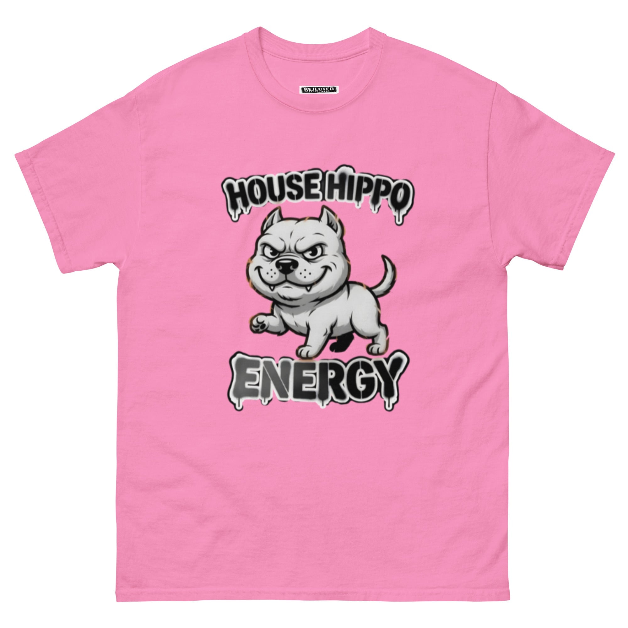 House Hippo Energy tee — stocky bully dog mid-stomp under drippy graffiti lettering