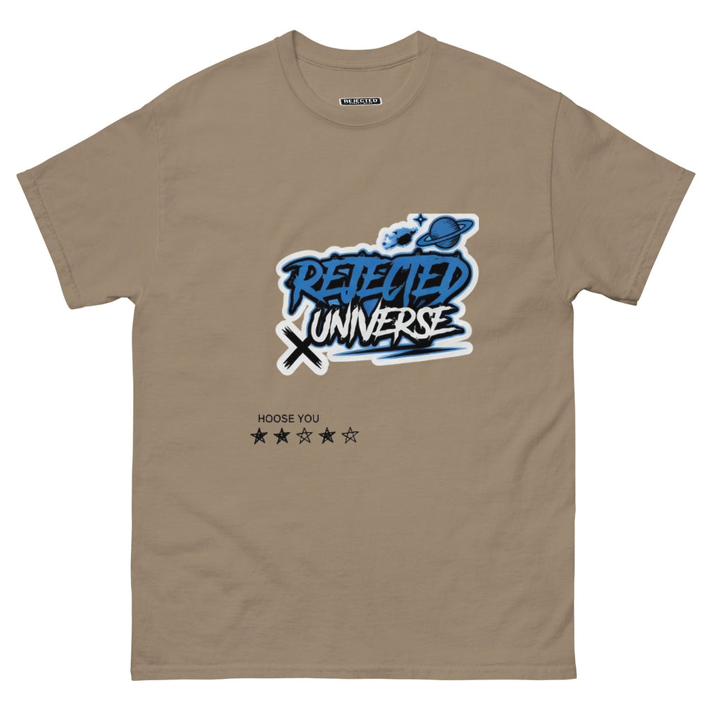 Rejected Universe logo tee in blue — graffiti tag with a planet and trailing stars