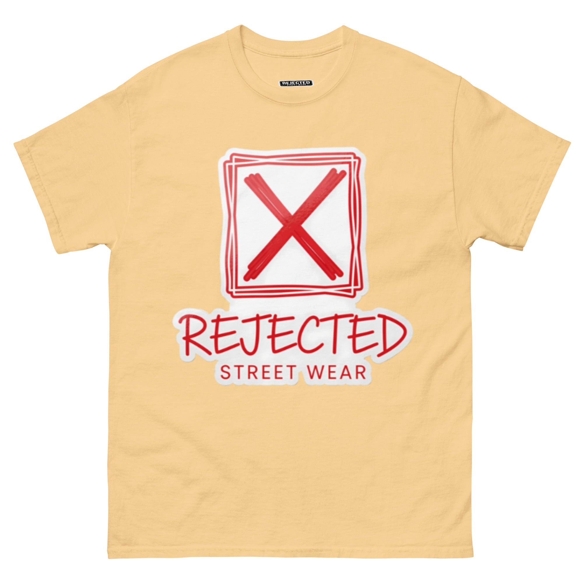 Rejected Street Wear box logo tee — hand-drawn red frame with a brushed X and REJECTED STREET WEAR in red beneath