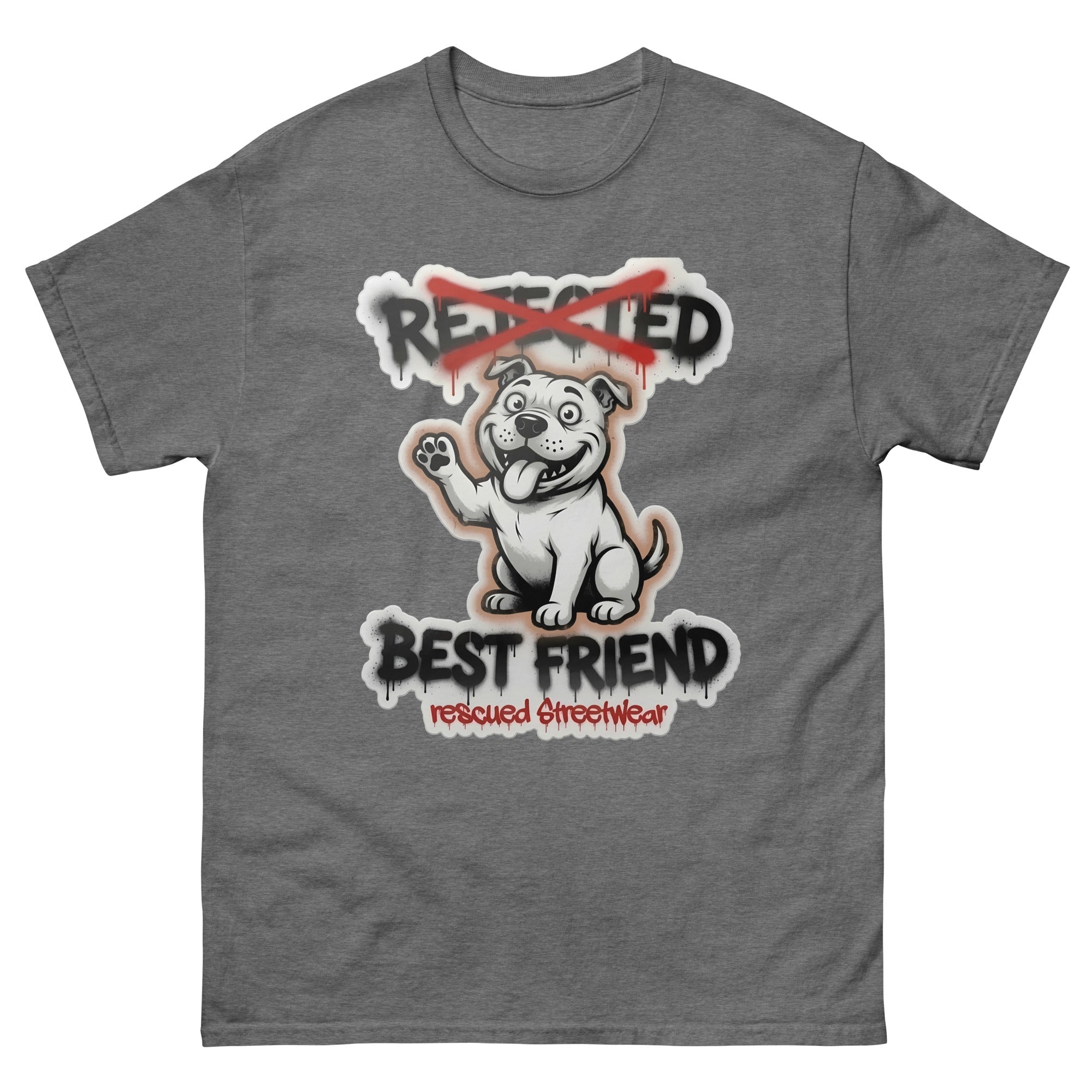 Best Friend pit bull tee — white bully pup waving a paw with REJECTED crossed out in red and BEST FRIEND sprayed below