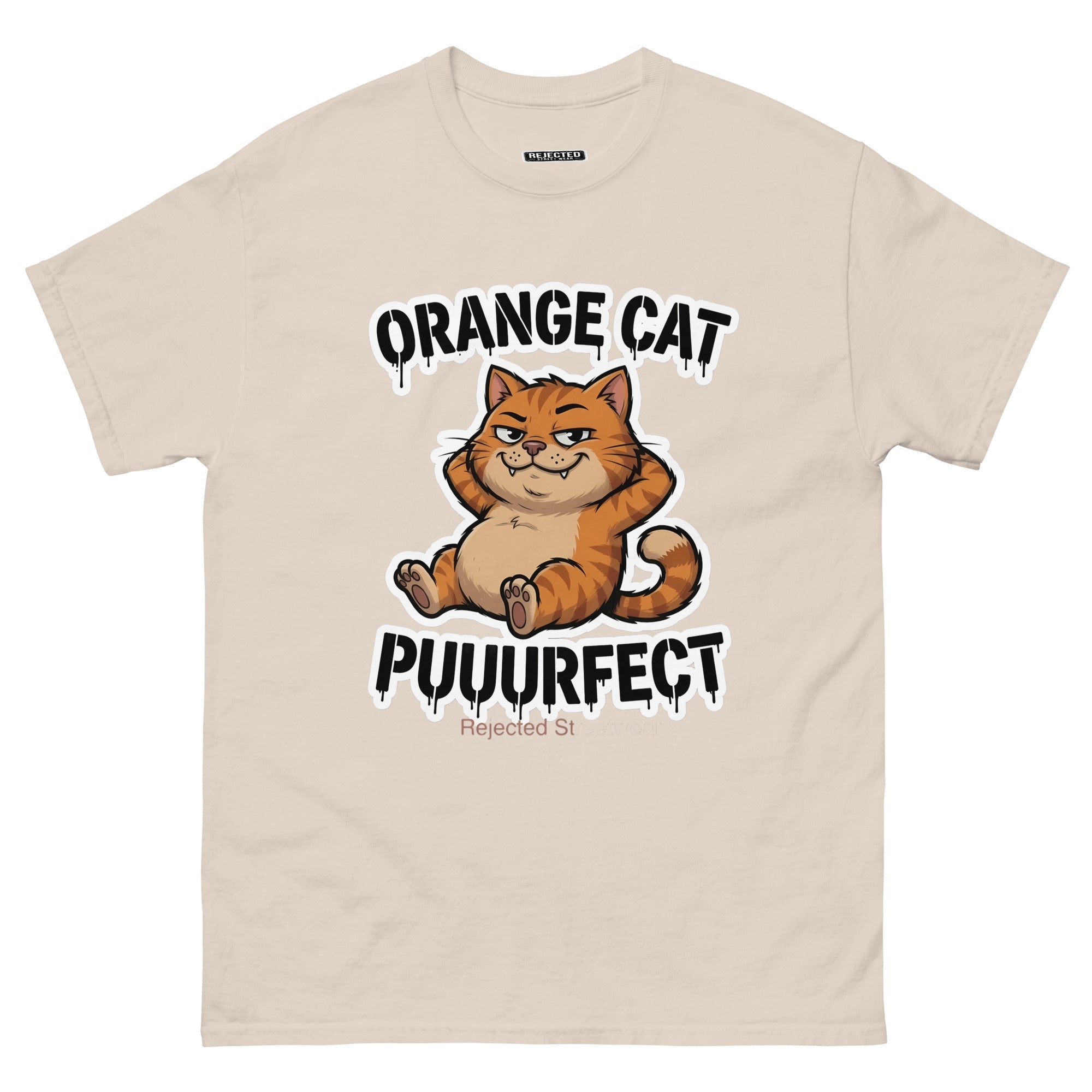 Orange Cat Puuurfect tee — chunky reclined orange tabby under arched drippy graffiti lettering