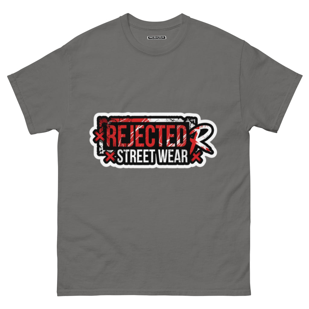 Rejected Street Wear red box logo tee — red-framed REJECTED STREET WEAR stamp with corner x marks and a red slash