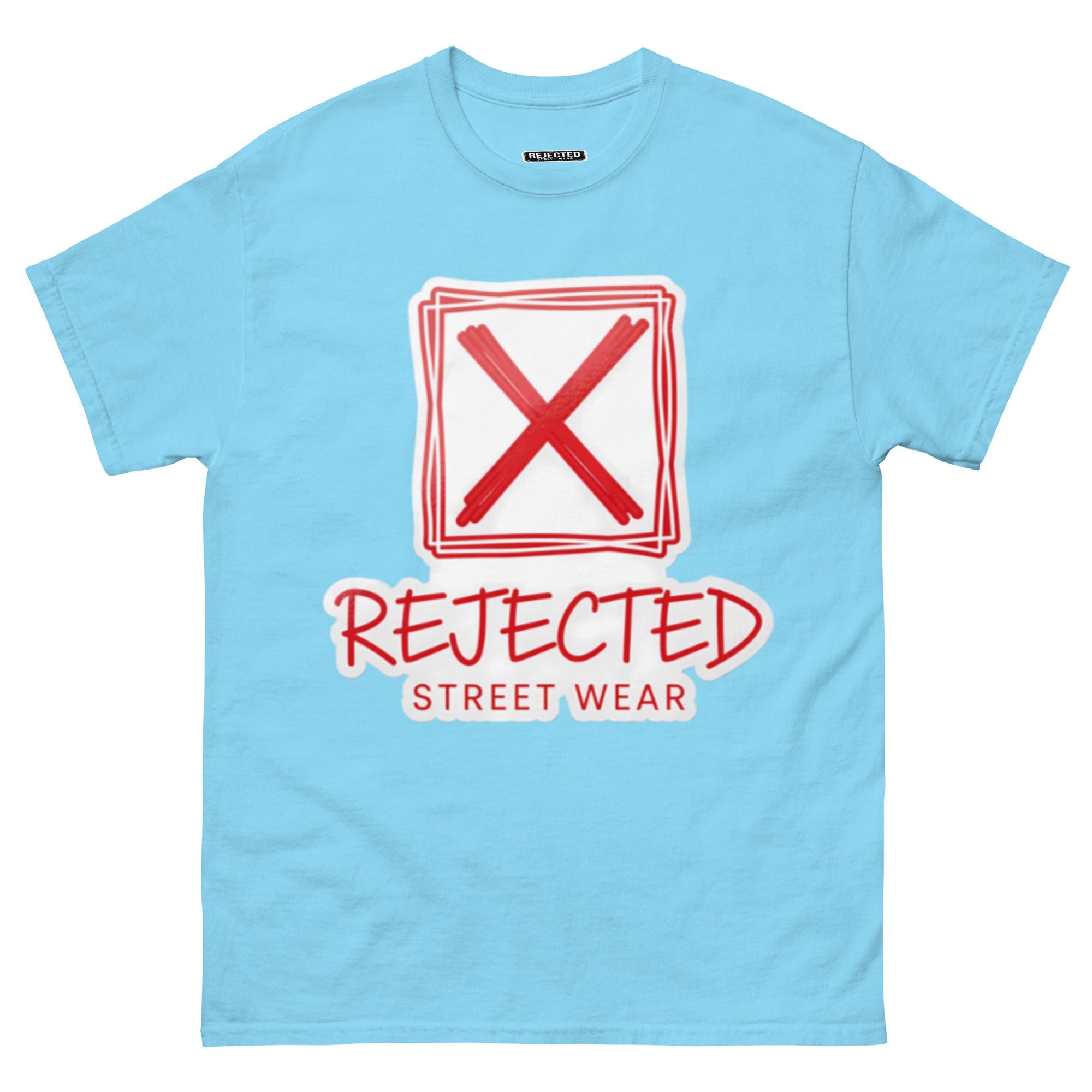 Rejected Street Wear box logo tee — hand-drawn red frame with a brushed X and REJECTED STREET WEAR in red beneath