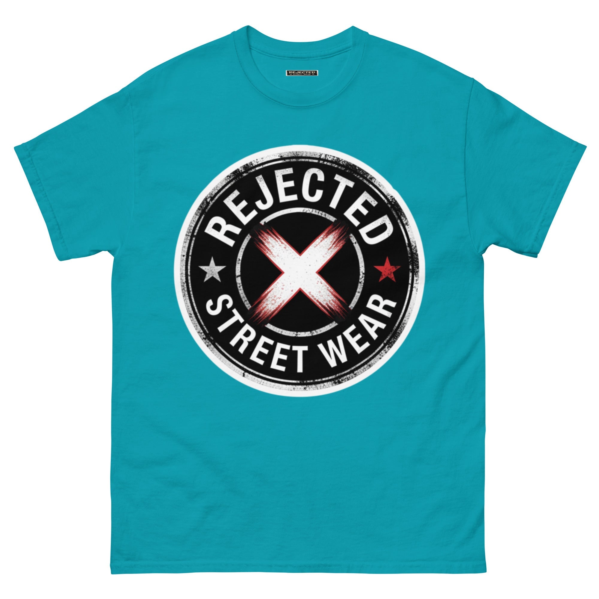 Rejected Street Wear barbed wire seal tee — distressed circular badge with REJECTED arched over a red and white brushed X