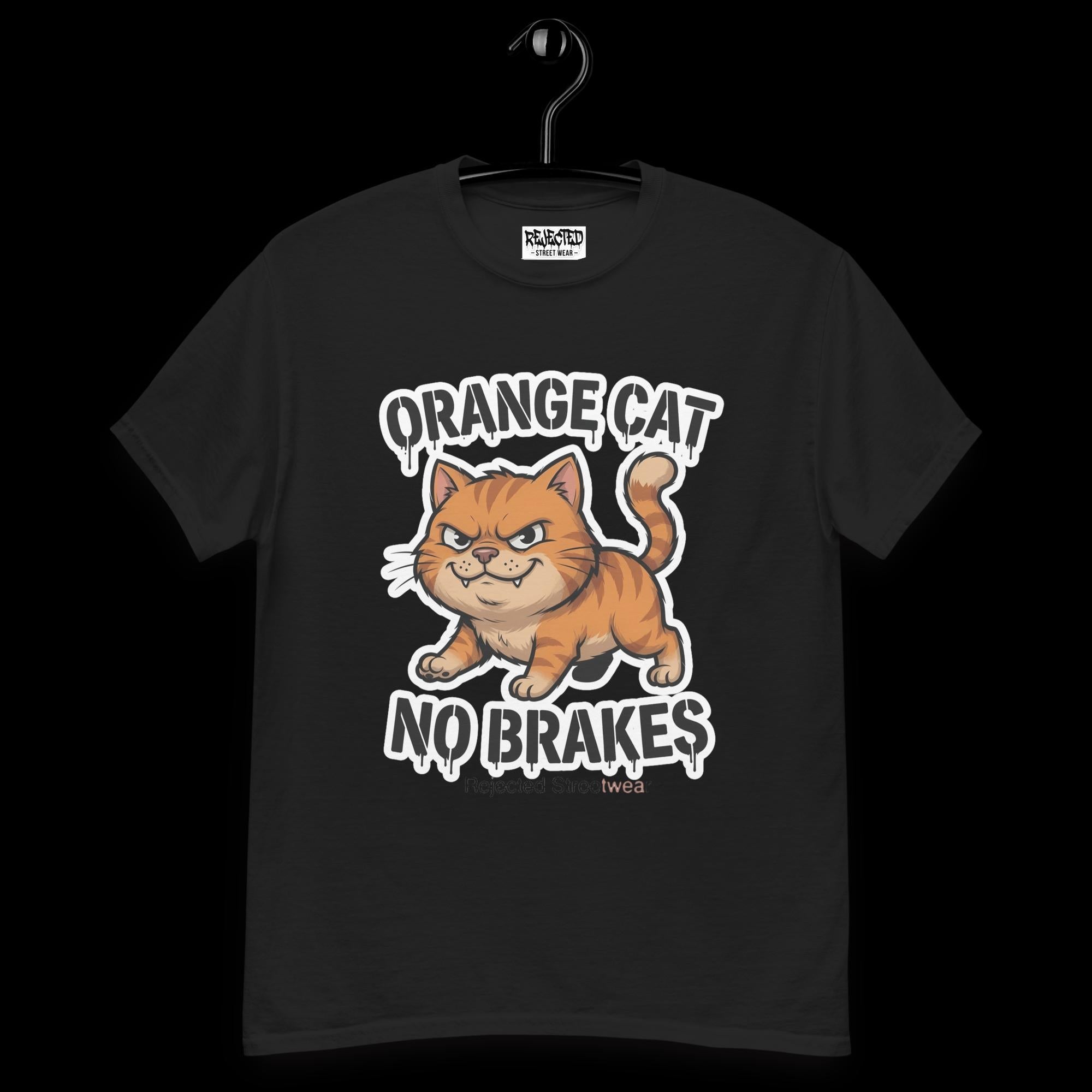 Orange Cat No Brakes tee — scowling orange tabby at full sprint under drippy graffiti lettering, white-outlined print