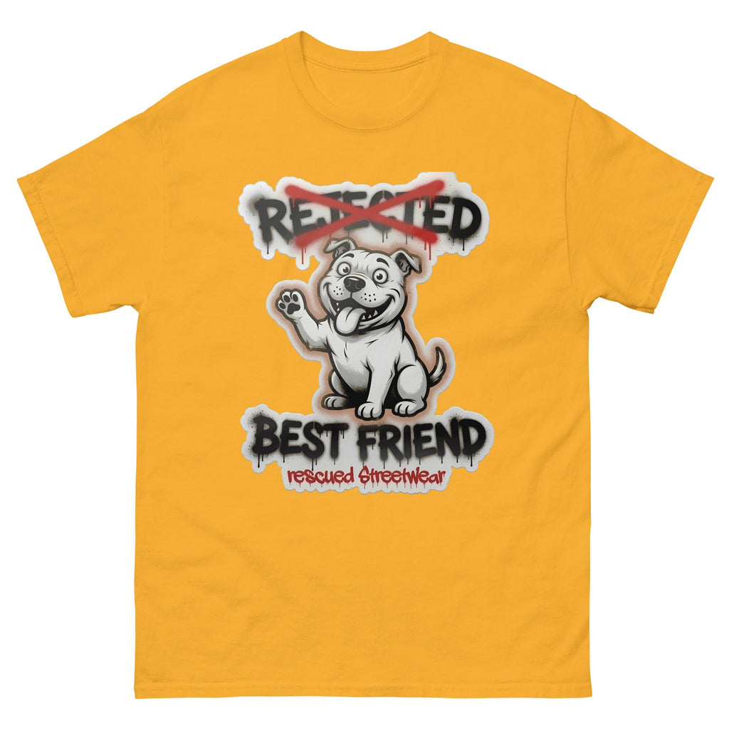 Best Friend pit bull tee — white bully pup waving a paw with REJECTED crossed out in red and BEST FRIEND sprayed below