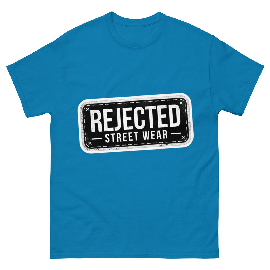 Rejected Street Wear plate logo tee — stamped black plate with a dashed border, corner x marks and REJECTED STREET WEAR inside