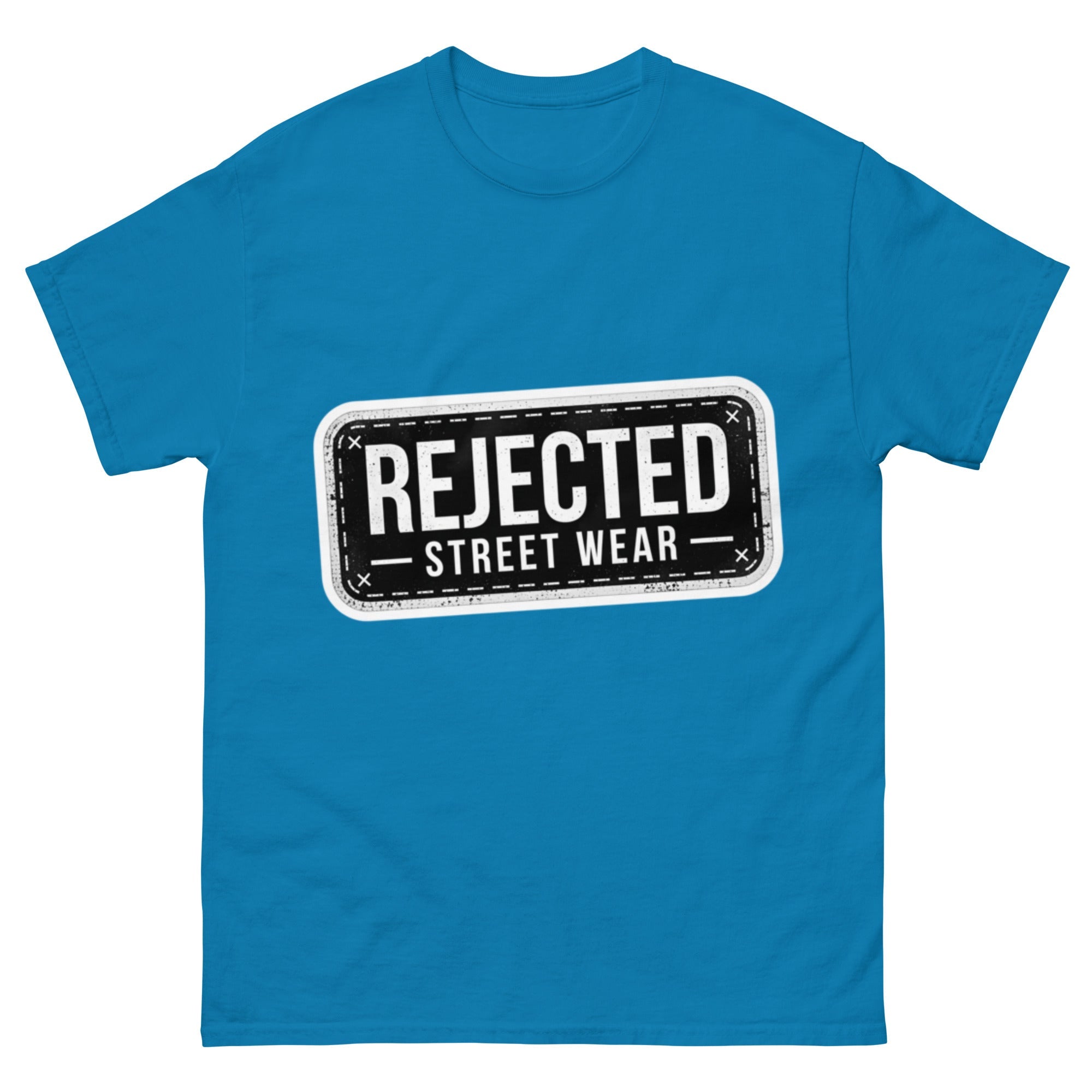 Rejected Street Wear plate logo tee — stamped black plate with a dashed border, corner x marks and REJECTED STREET WEAR inside
