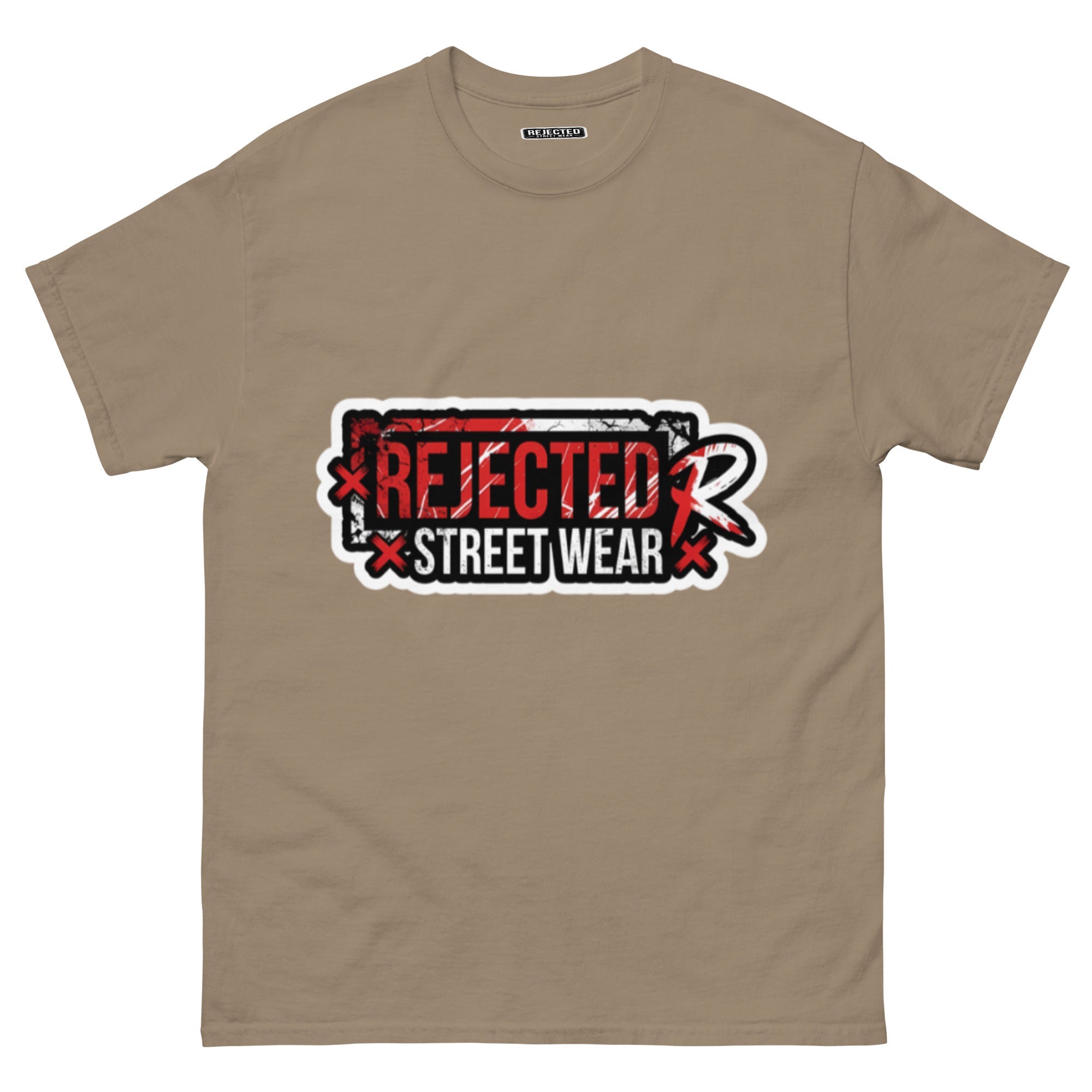 Rejected Street Wear red box logo tee — red-framed REJECTED STREET WEAR stamp with corner x marks and a red slash